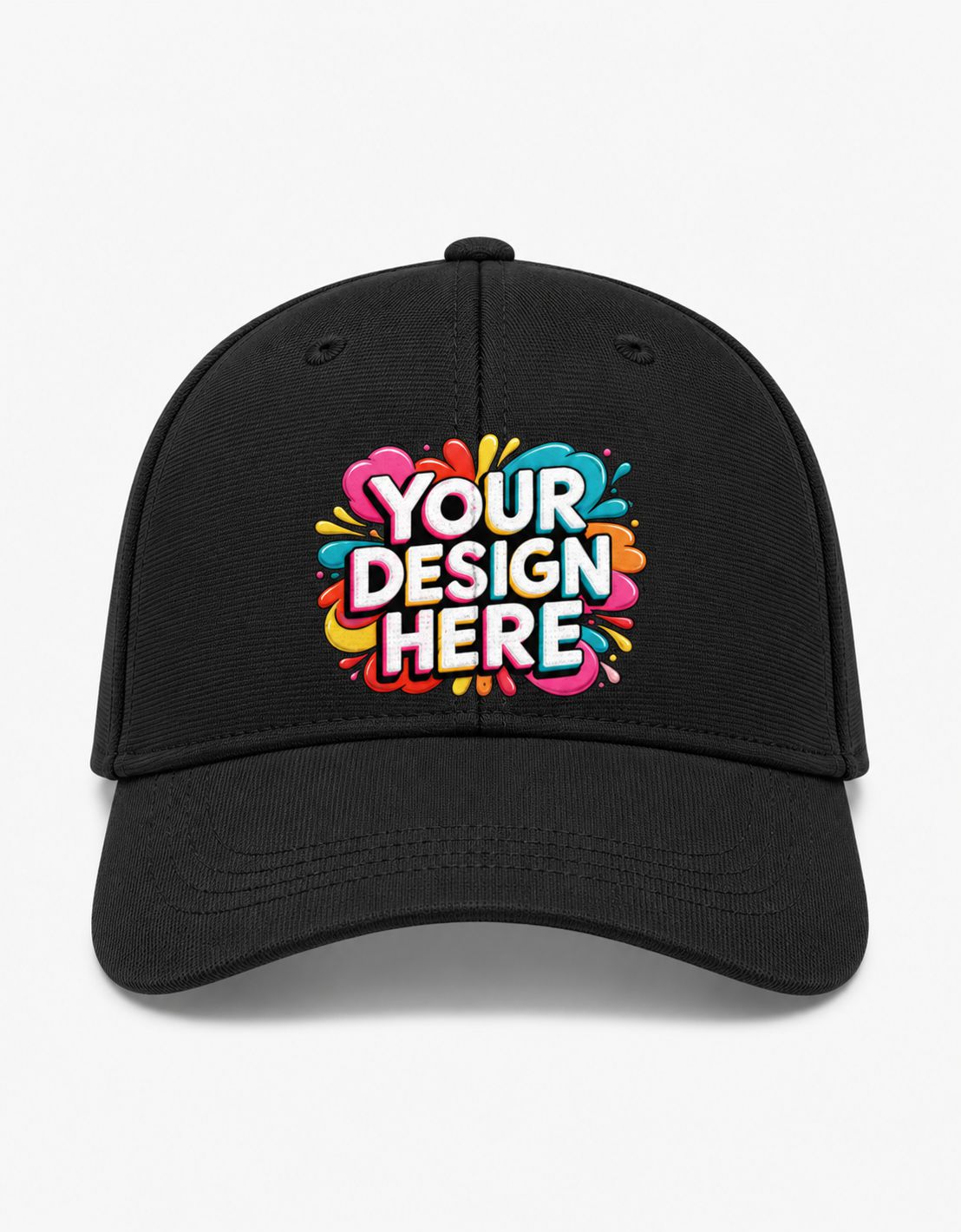 A black baseball cap with a colorful 'YOUR DESIGN HERE' mockup graphic on the front, set against a plain white background.