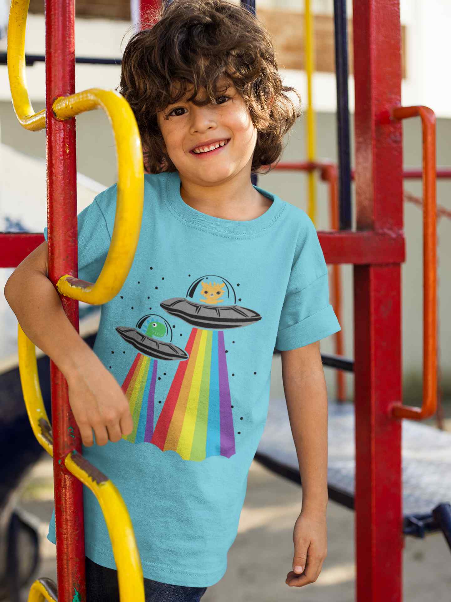 Rainbow Spaceship Cartoon Half Sleeves T-Shirt for Boy-FunkyTeesClub