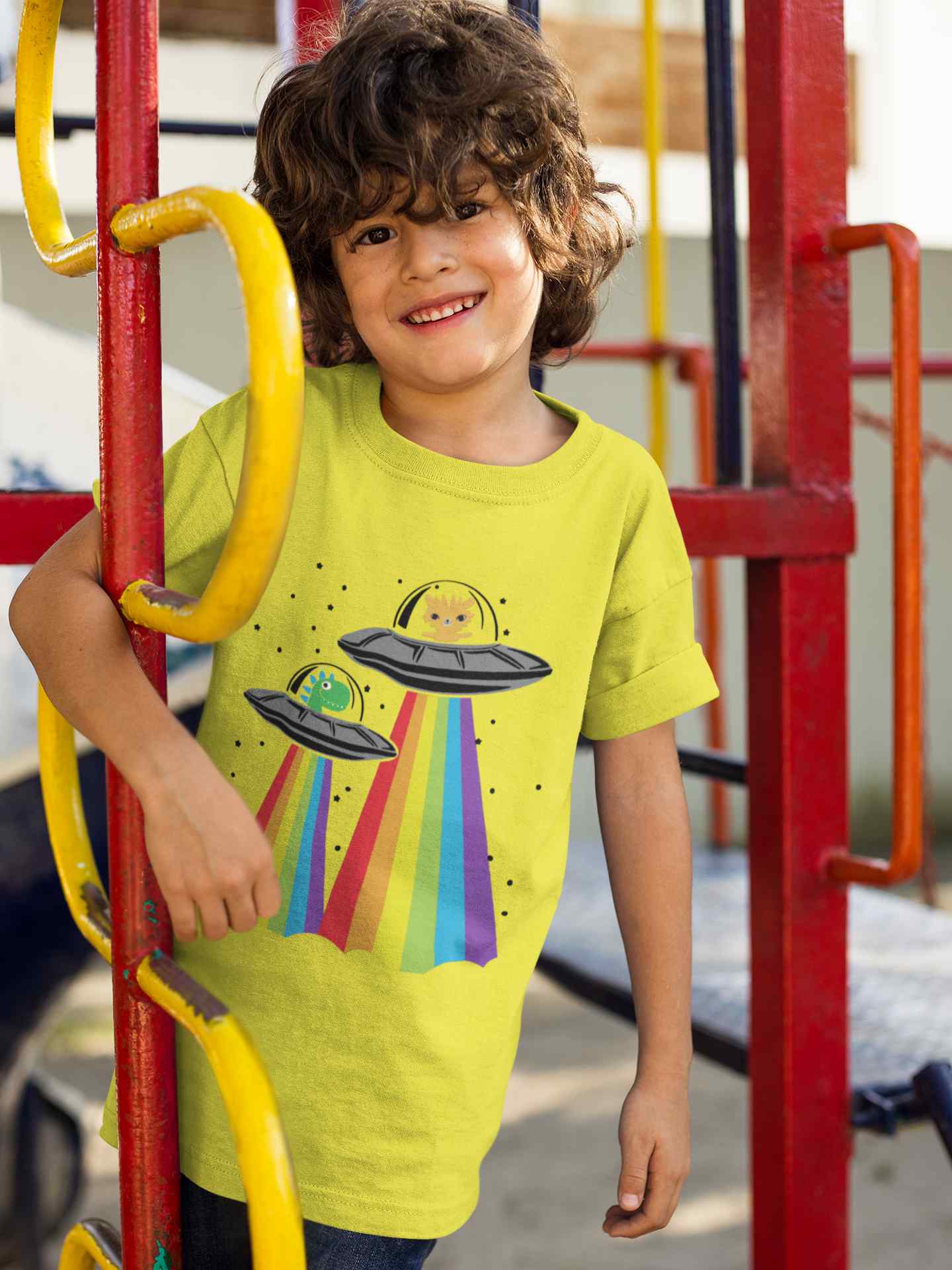 Rainbow Spaceship Cartoon Half Sleeves T-Shirt for Boy-FunkyTeesClub