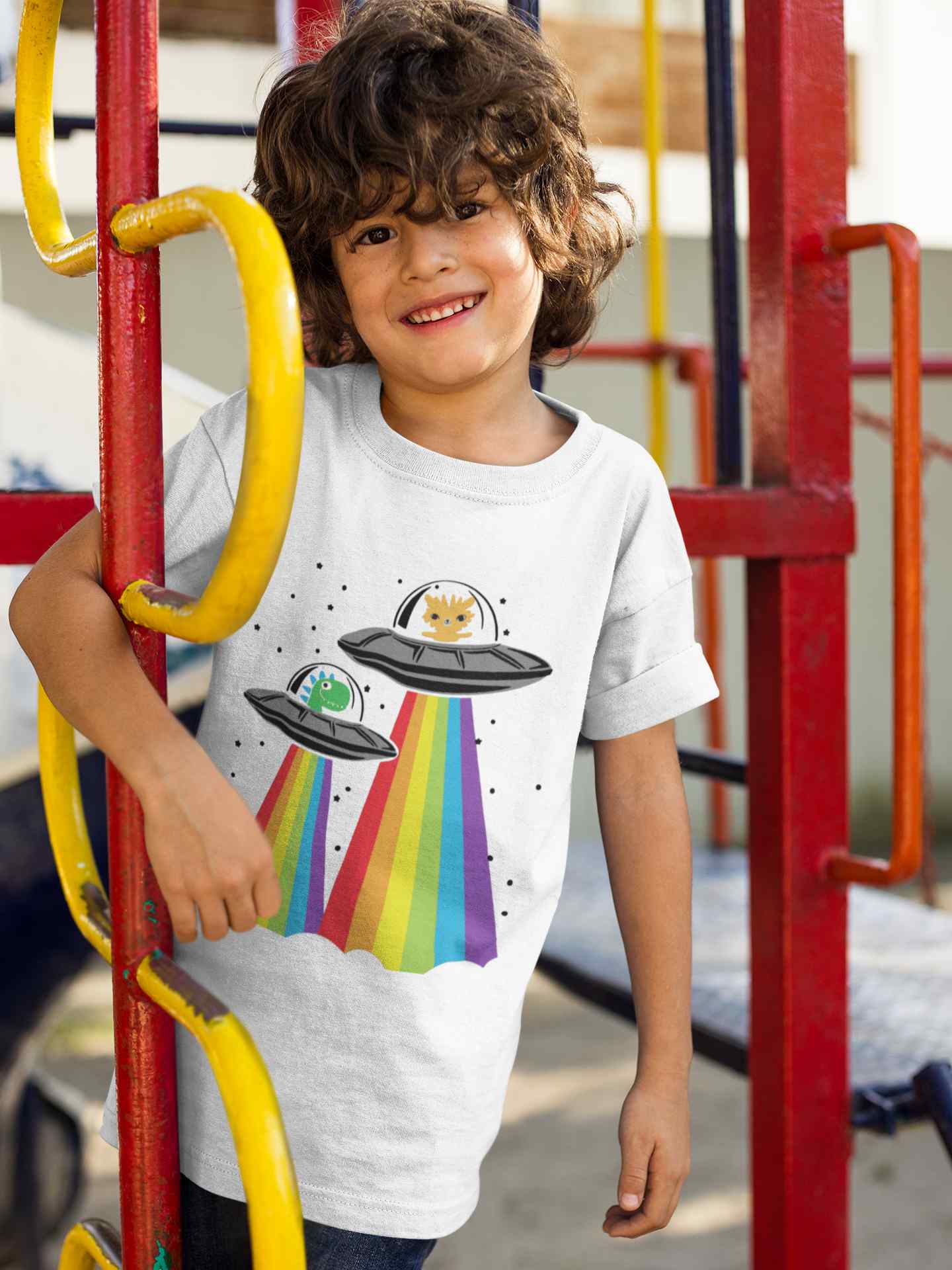 Rainbow Spaceship Cartoon Half Sleeves T-Shirt for Boy-FunkyTeesClub