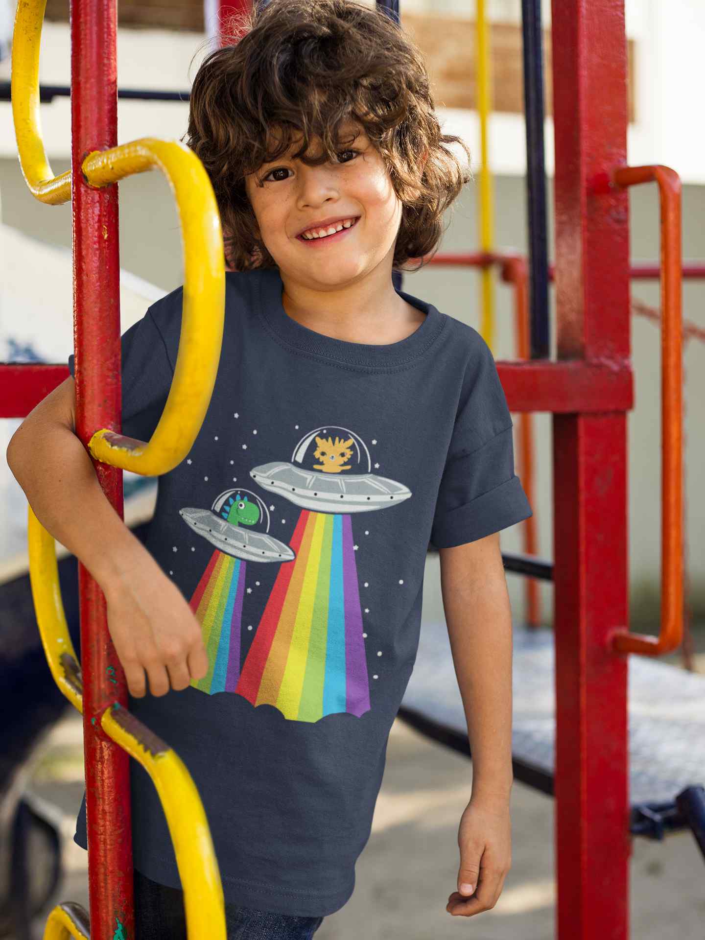 Rainbow Spaceship Cartoon Half Sleeves T-Shirt for Boy-FunkyTeesClub