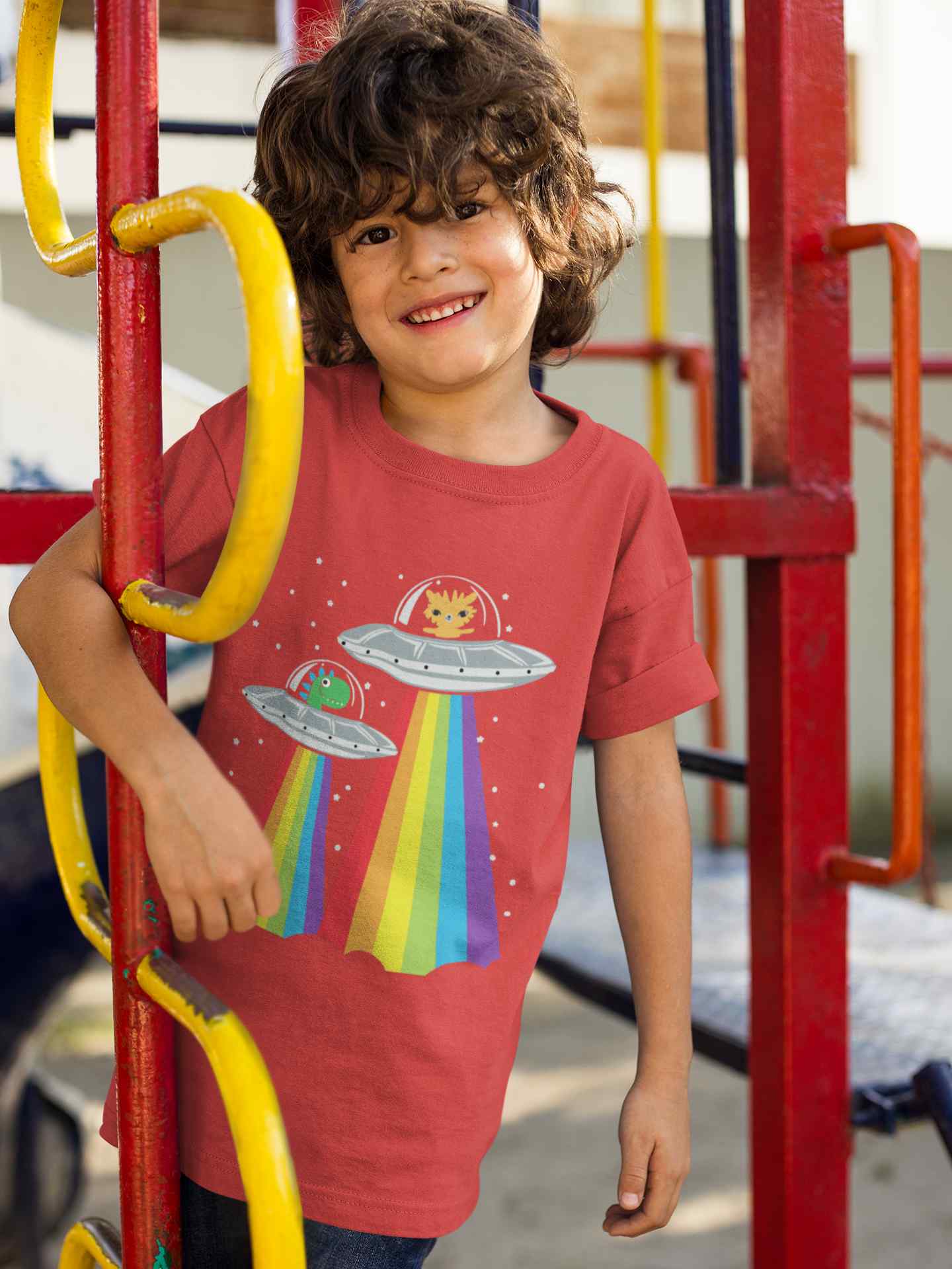 Rainbow Spaceship Cartoon Half Sleeves T-Shirt for Boy-FunkyTeesClub