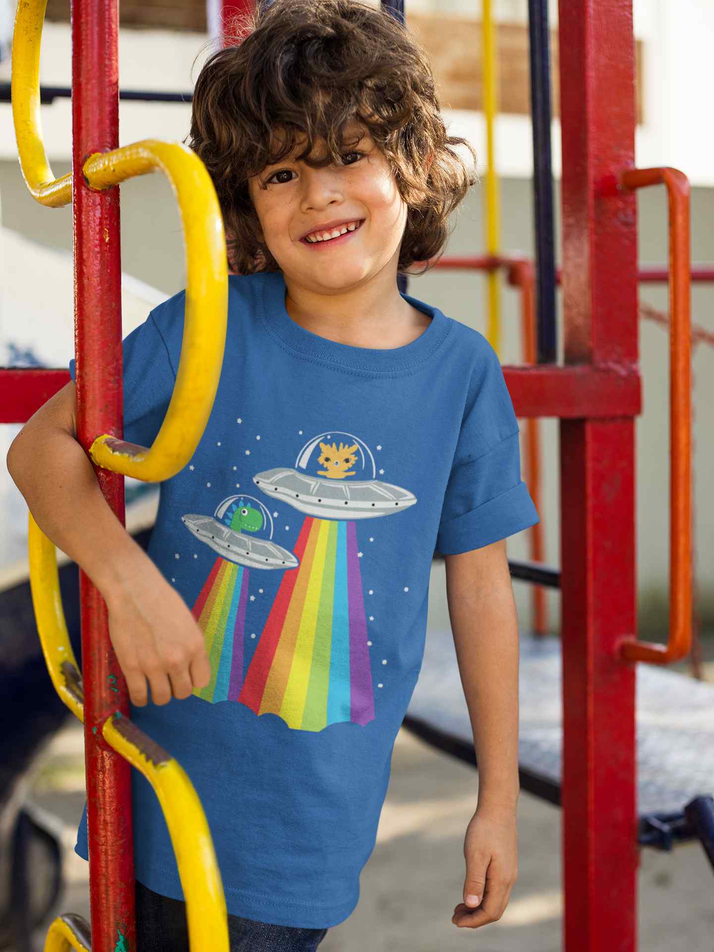 Rainbow Spaceship Cartoon Half Sleeves T-Shirt for Boy-FunkyTeesClub