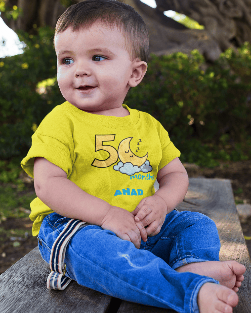 Custom Name Five Month Moon Half Sleeves T-Shirt for Boys -FunkyTeesClub