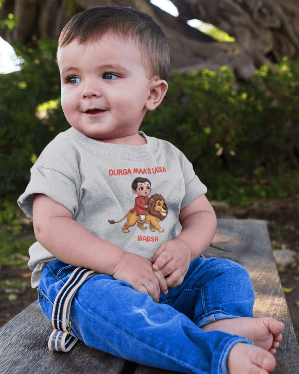 Custom Name Durga Maa's Ladla Navratri Half Sleeves T-Shirt for Boys -FunkyTeesClub