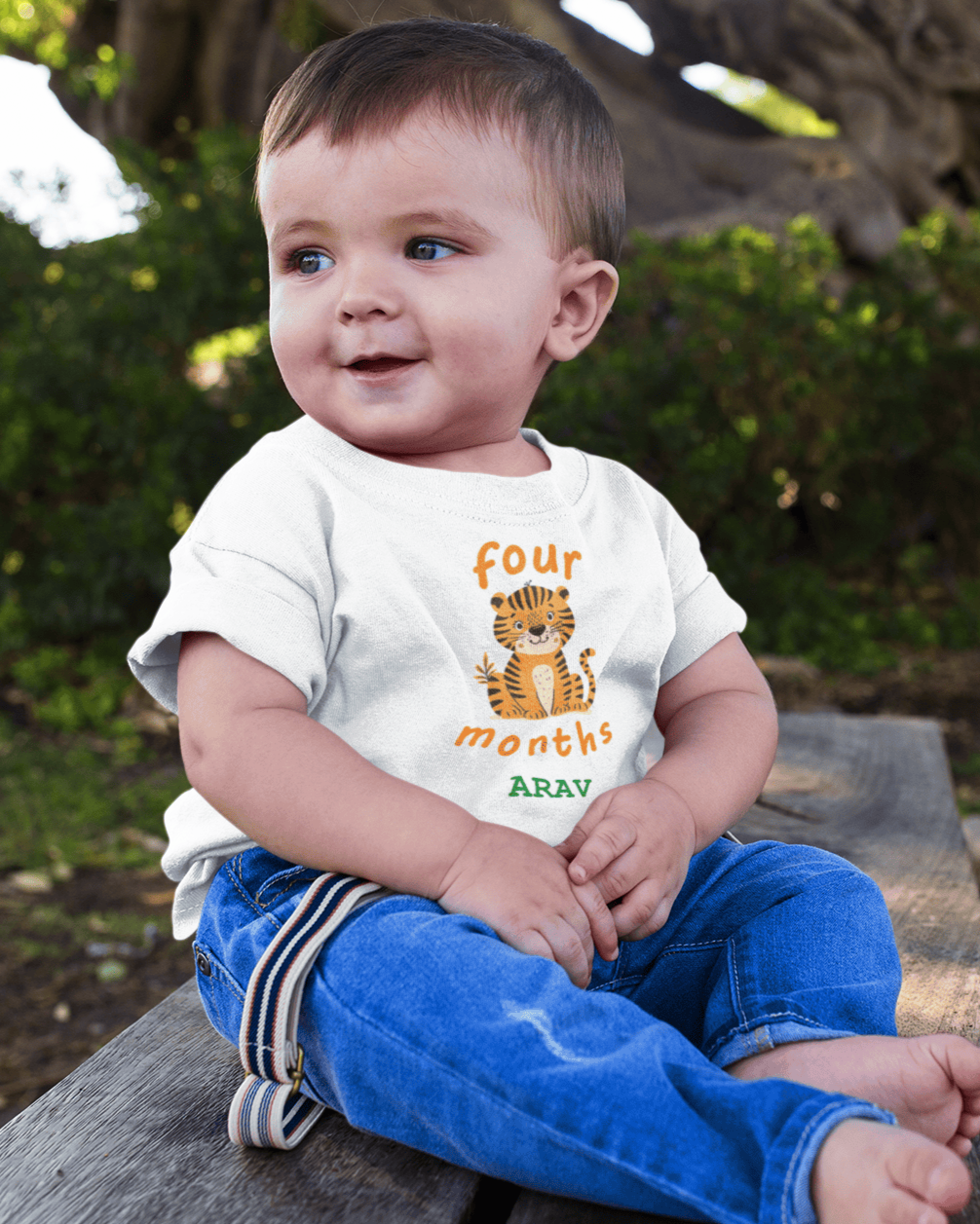 Custom Name Four Months Birthday Half Sleeves T-Shirt for Boys -FunkyTeesClub