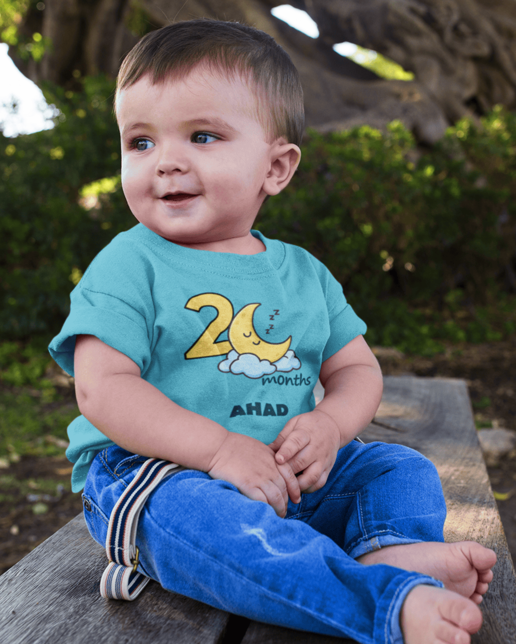 Custom Name Two Month Moon Half Sleeves T-Shirt for Boys -FunkyTeesClub