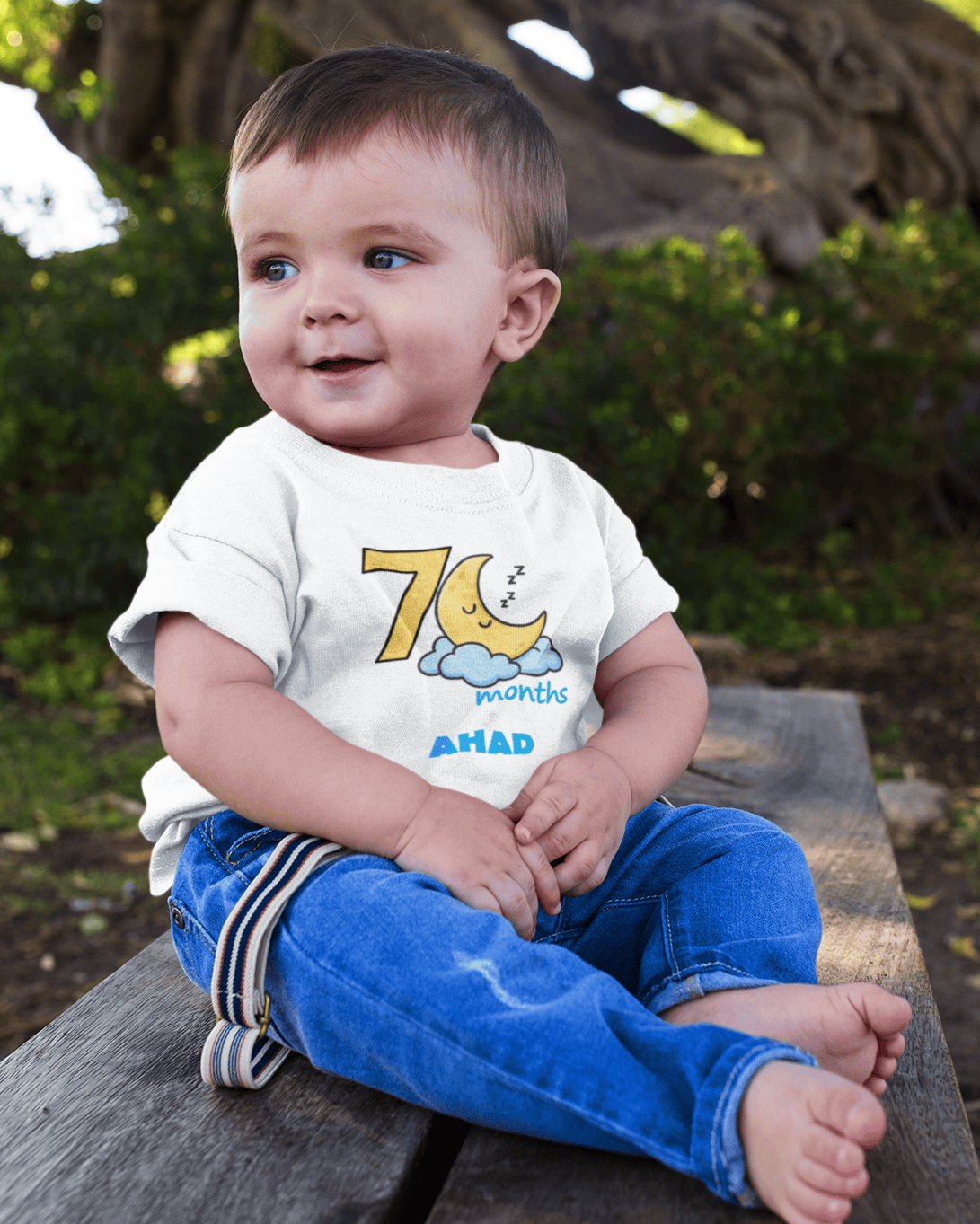 Custom Name Seven Month Moon Half Sleeves T-Shirt for Boys -FunkyTeesClub