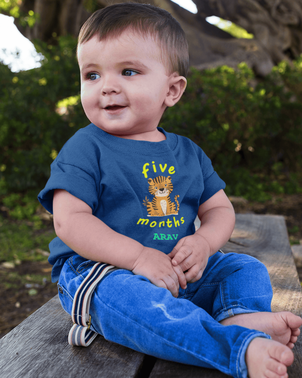 Custom Name Five Months Birthday Half Sleeves T-Shirt for Boys -FunkyTeesClub
