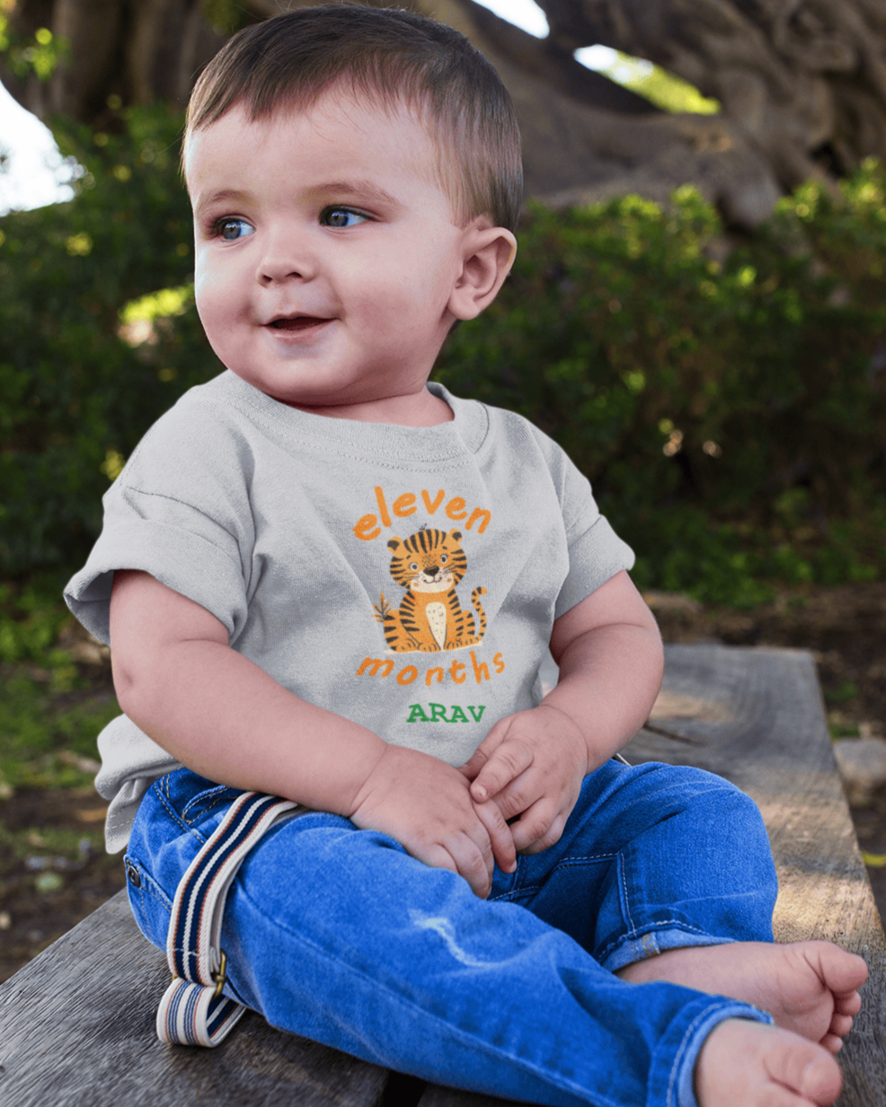 Custom Name Eleven Months Birthday Half Sleeves T-Shirt for Boys -FunkyTeesClub