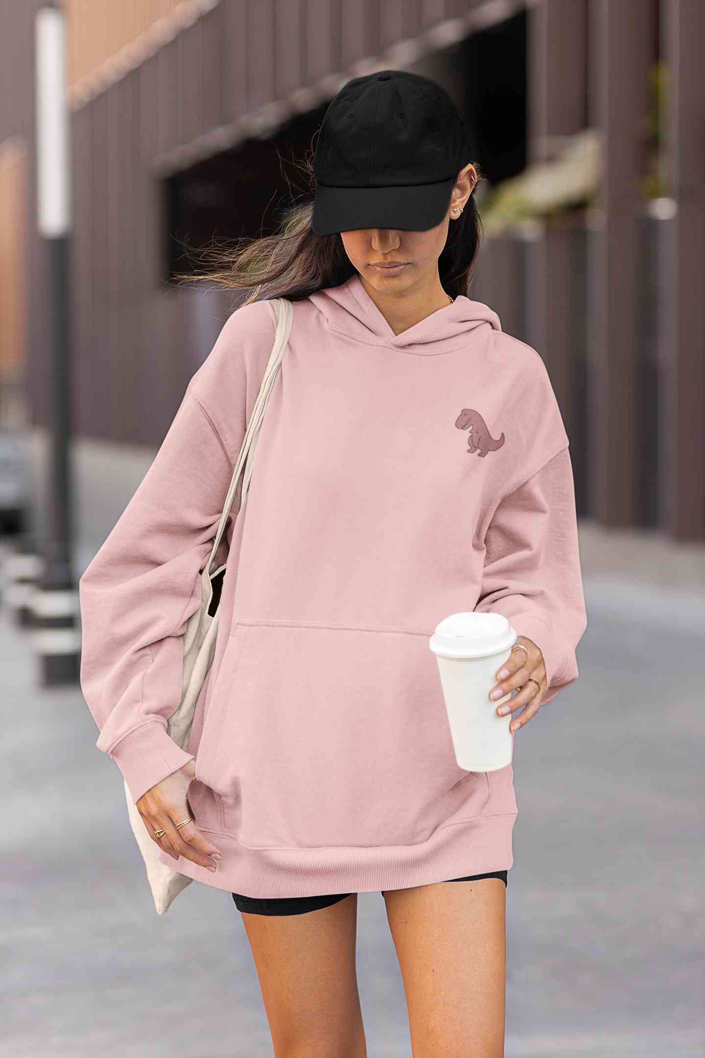 T Rex Pocket Cartoon Graphics Hoodies for Women-FunkyTeesClub