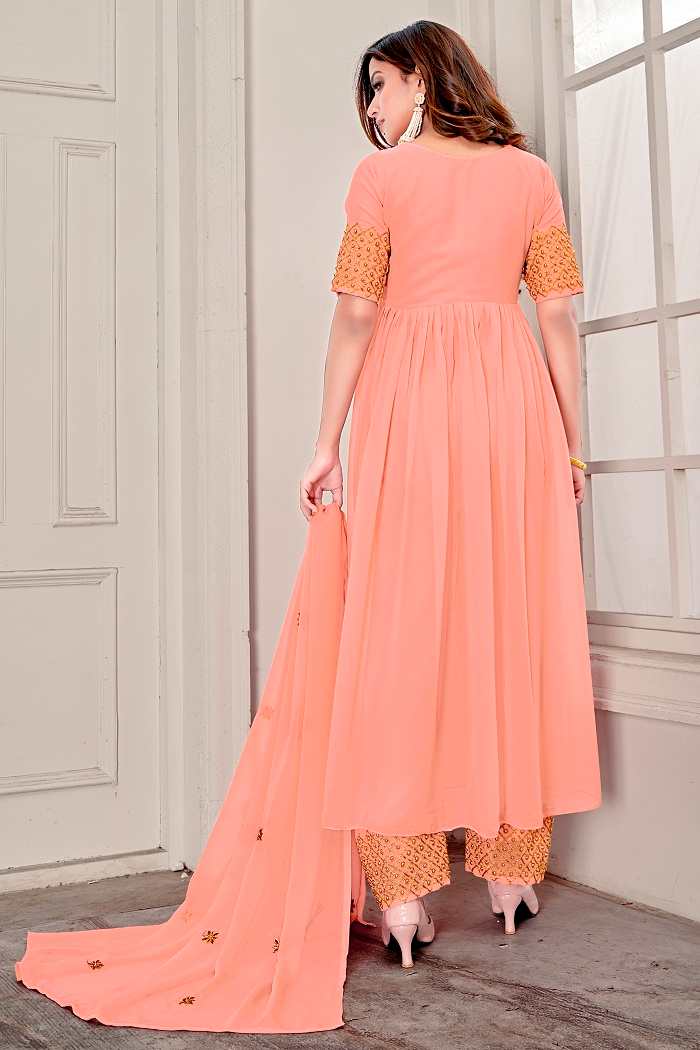 Indo Western Peach Embroidered Front Cut Anarkali Gown With Palazzo and Dupatta - FunkyTeesClub