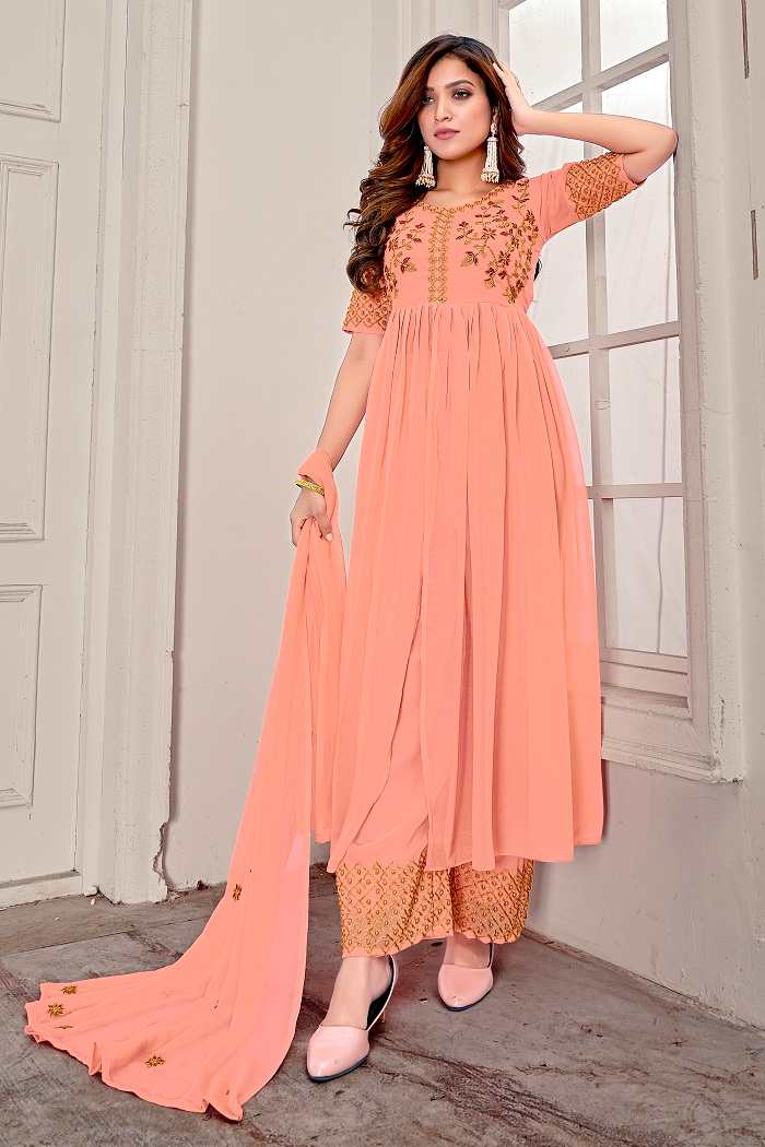 Indo Western Peach Embroidered Front Cut Anarkali Gown With Palazzo and Dupatta - FunkyTeesClub
