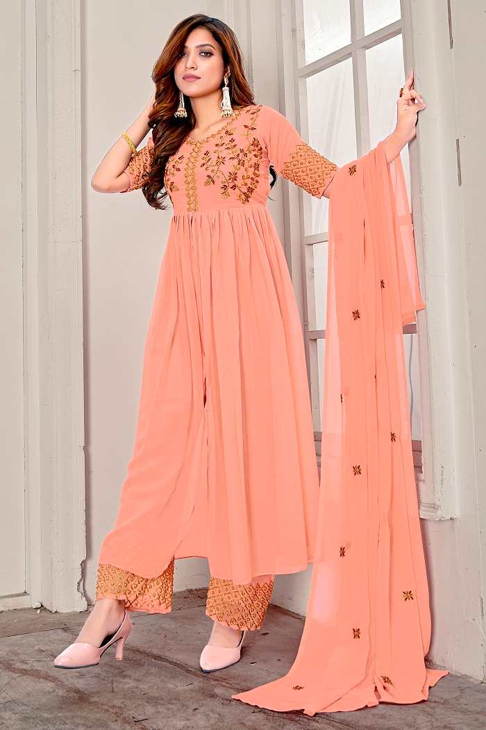 Indo Western Peach Embroidered Front Cut Anarkali Gown With Palazzo and Dupatta - FunkyTeesClub