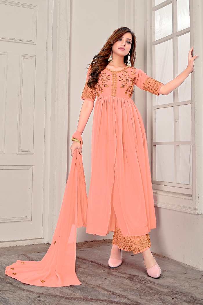 Indo Western Peach Embroidered Front Cut Anarkali Gown With Palazzo and Dupatta - FunkyTeesClub
