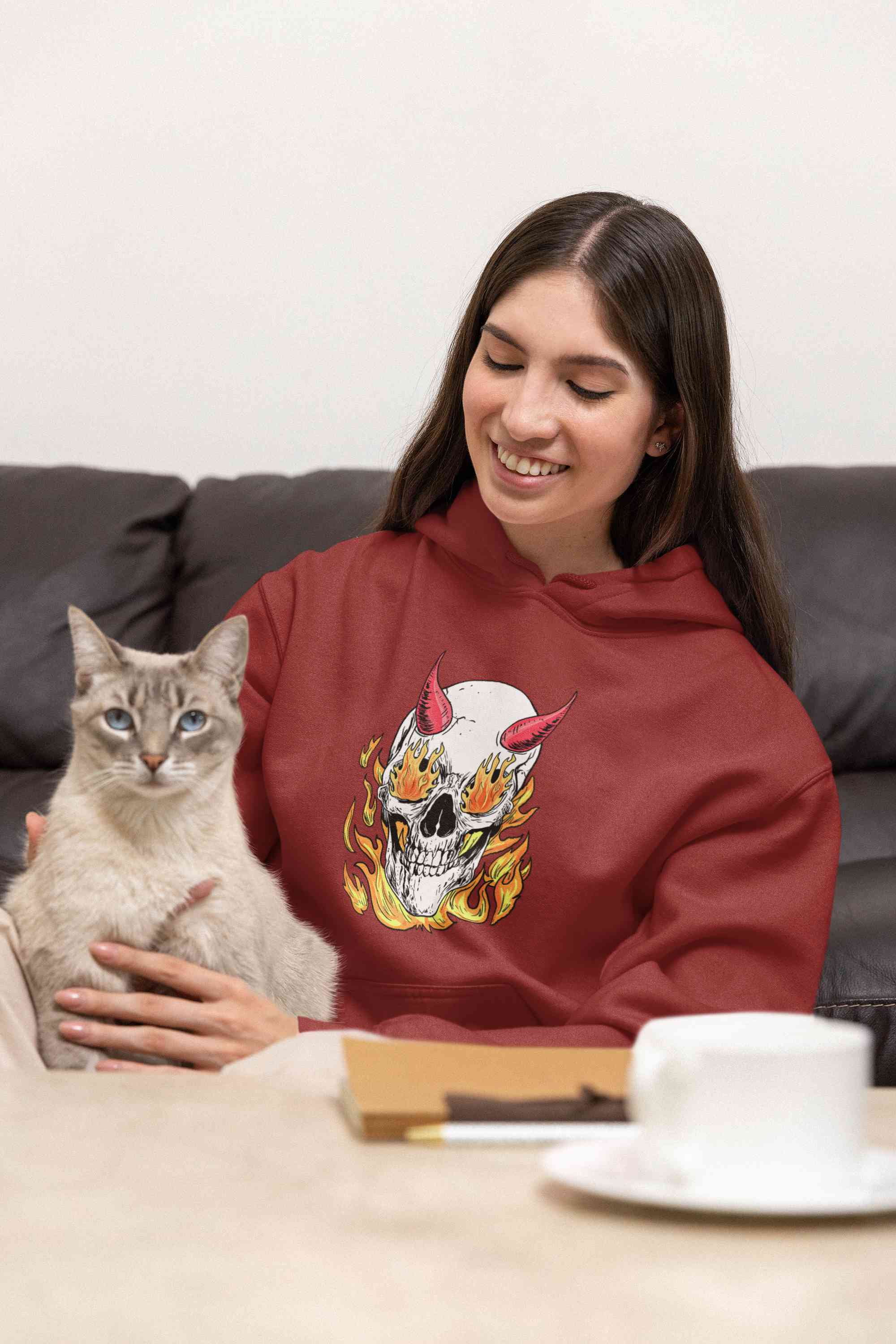 A Horned Skull In Flames Hoodies for Women-FunkyTeesClub