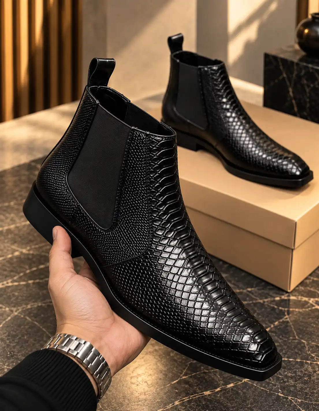 Black Chelsea boot showing croc-texture panels, elastic gusset, and pull tab
