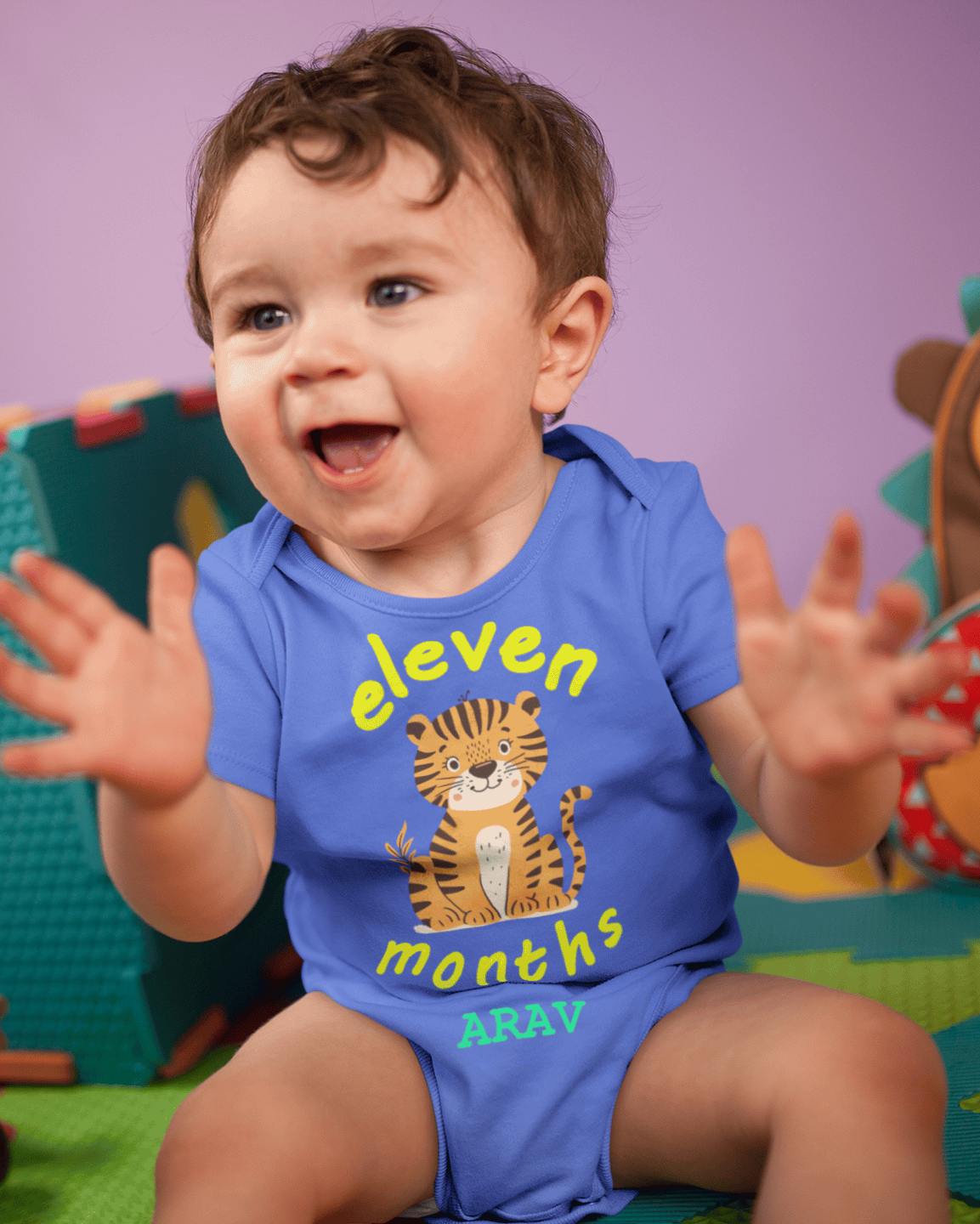 Custom Name Eleven Month Rompers for Baby Boy- FunkyTeesClub