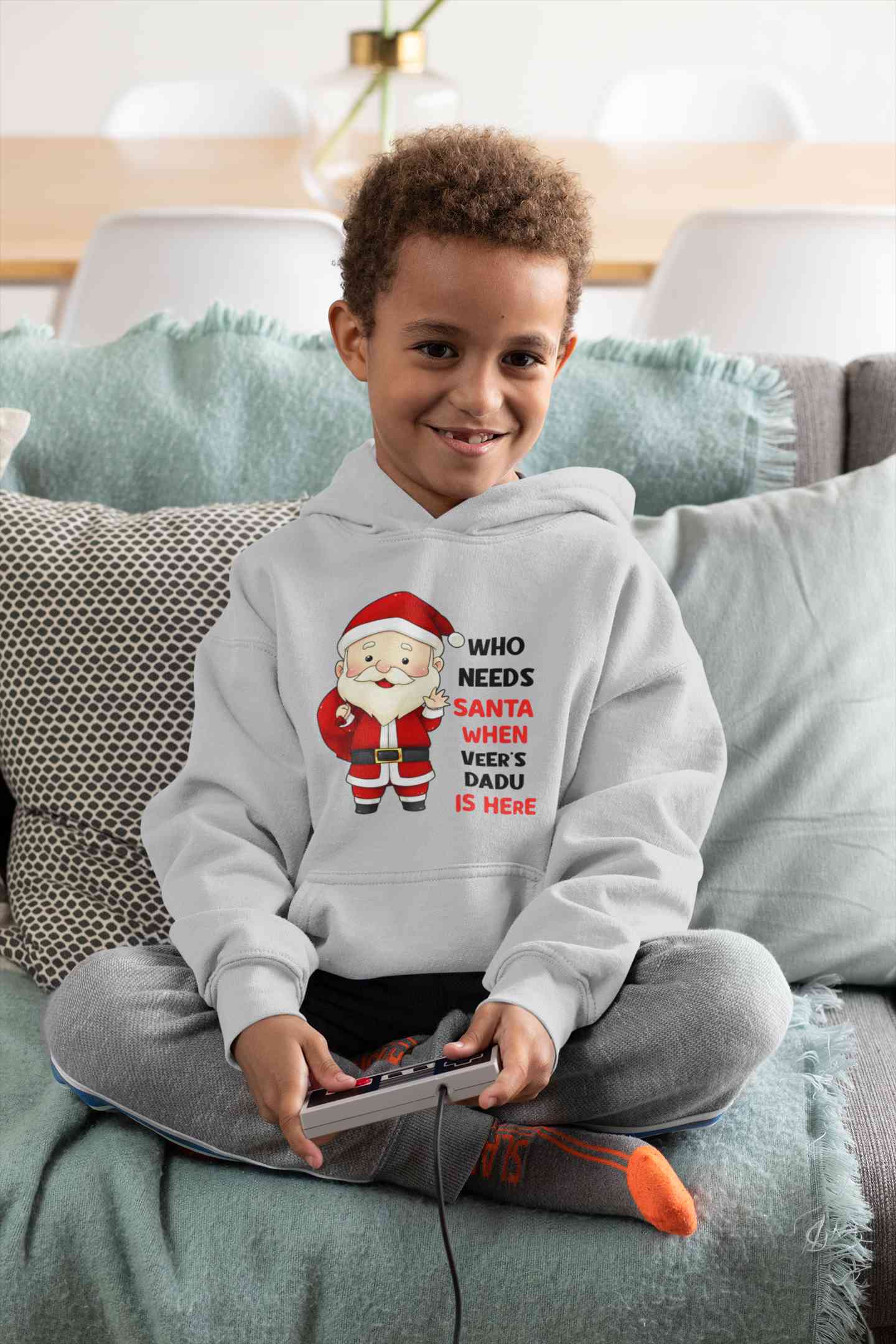 Customized Name Santa Dadu Is Here Christmas Boy Hoodies-FunkyTeesClub