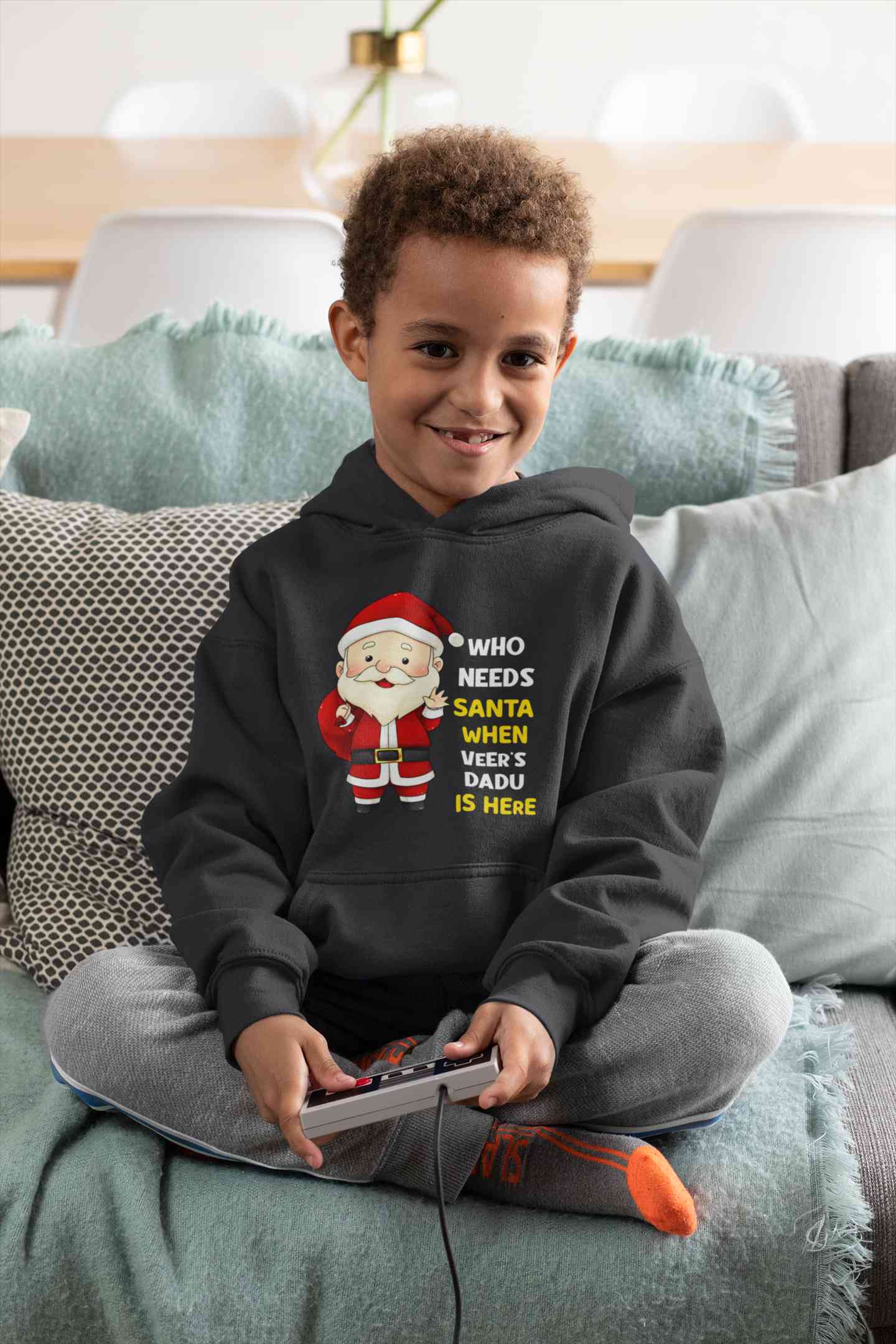 Customized Name Santa Dadu Is Here Christmas Boy Hoodies-FunkyTeesClub