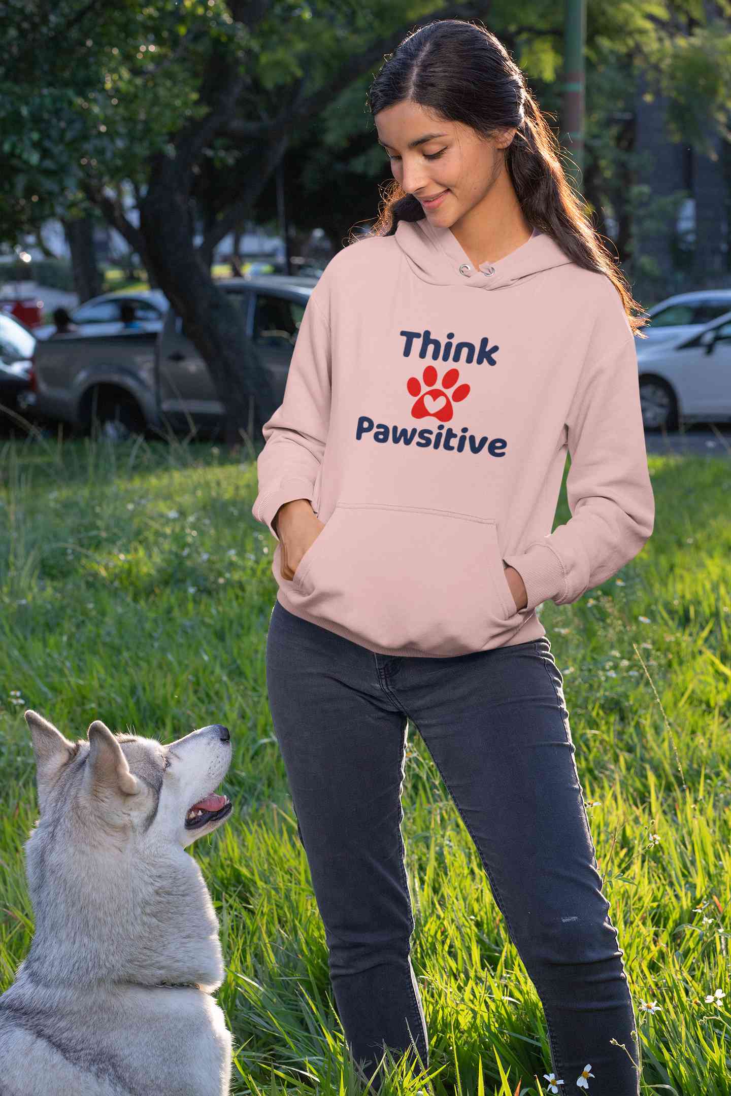 Think Pawsitive Hoodies for Women-FunkyTeesClub