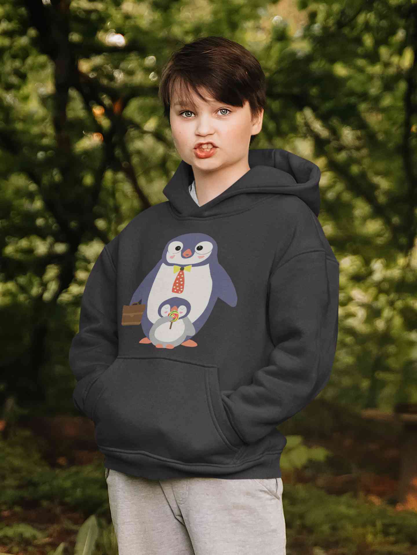 Papa And Baby Penguin Cartoon Boy Hoodies-FunkyTeesClub