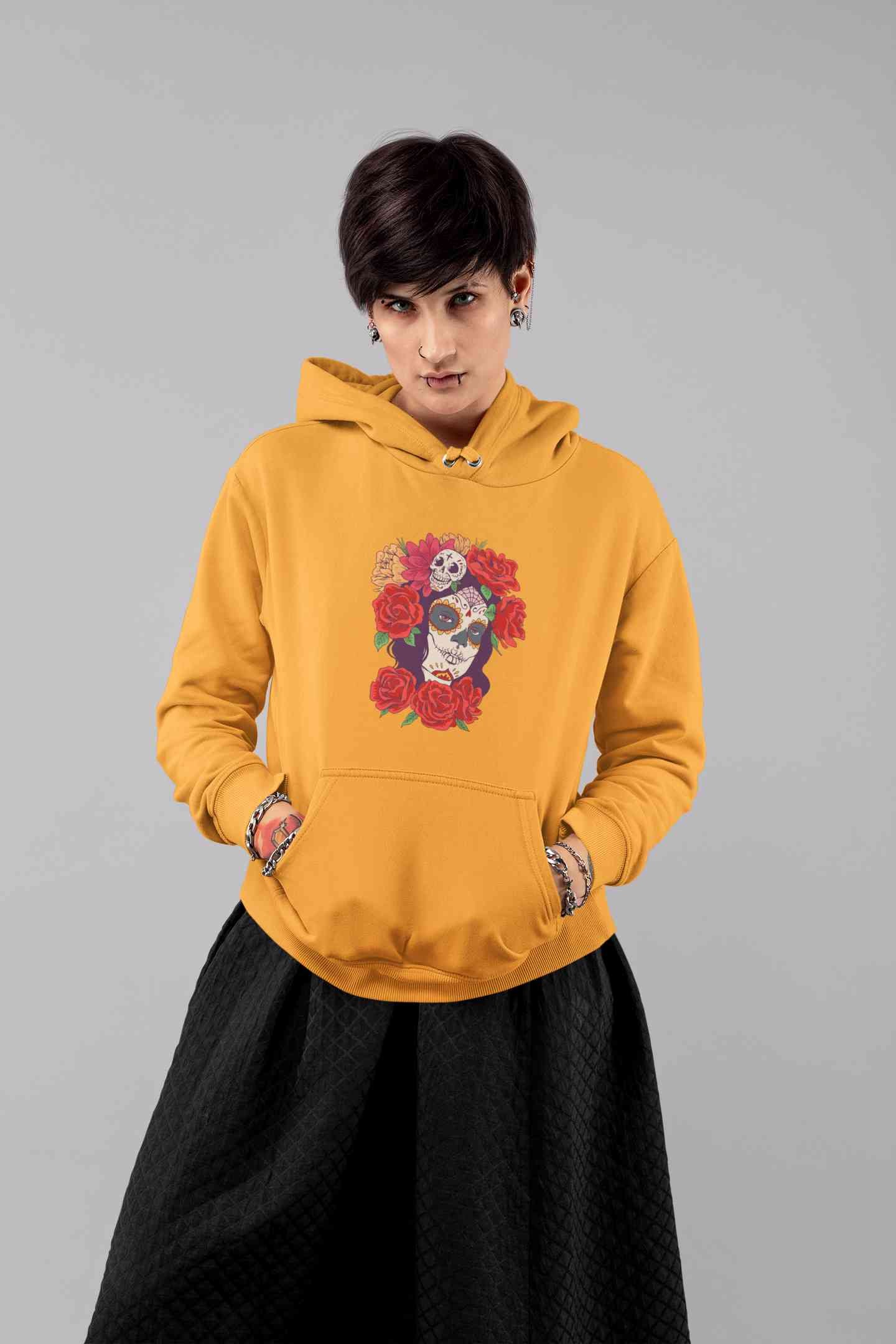 Day Of The Dead Floral Skull Illustration Hoodies for Women-FunkyTeesClub