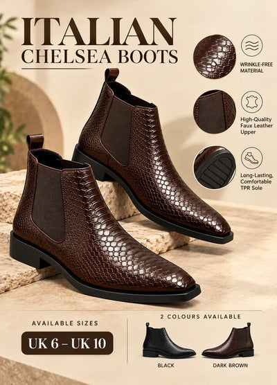 Dark brown croc-texture Chelsea boots with elastic gussets and black soles