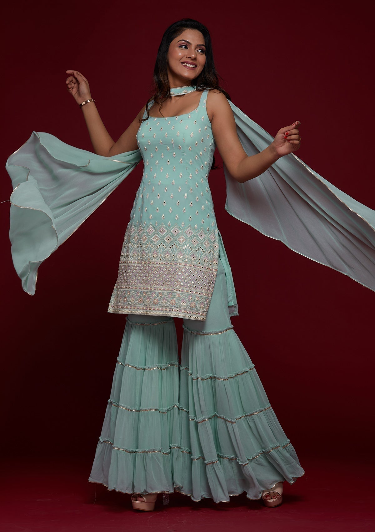 Sky Blue Gotapatti Georgette Designer Salwar Suit Sharara Garara - FunkyTeesClub