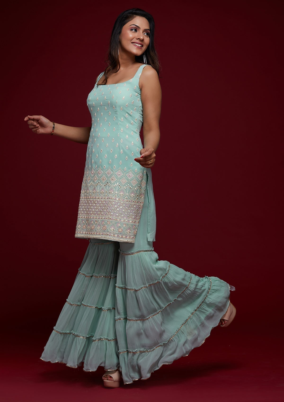 Sky Blue Gotapatti Georgette Designer Salwar Suit Sharara Garara - FunkyTeesClub