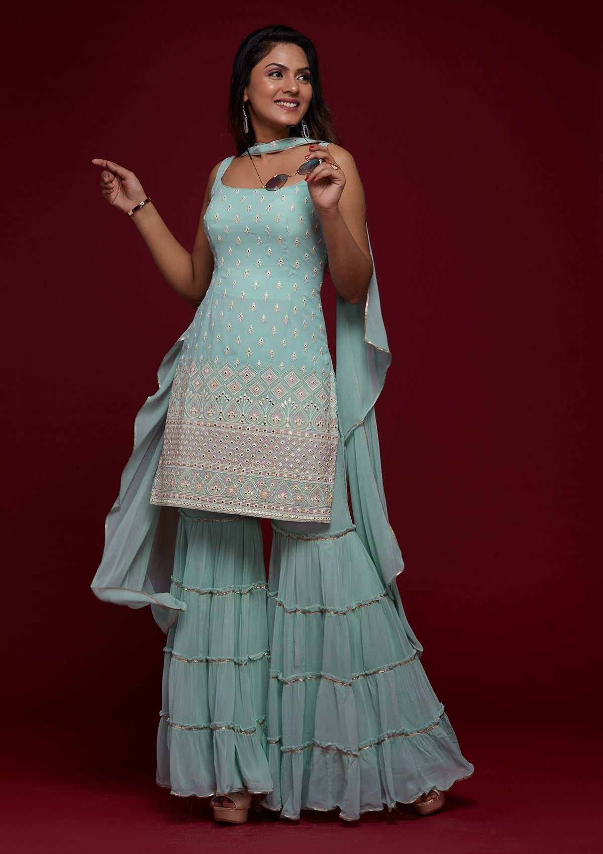 Sky Blue Gotapatti Georgette Designer Salwar Suit Sharara Garara - FunkyTeesClub