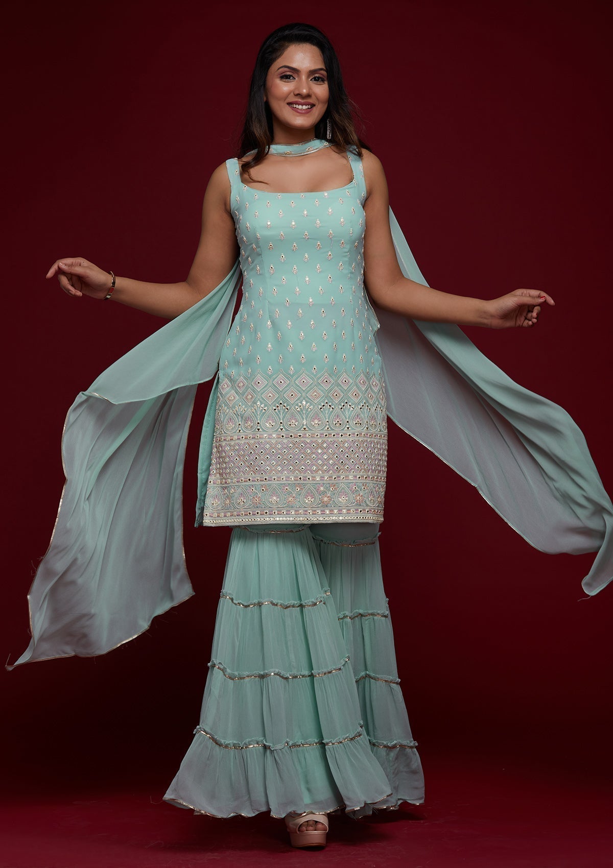 Sky Blue Gotapatti Georgette Designer Salwar Suit Sharara Garara - FunkyTeesClub
