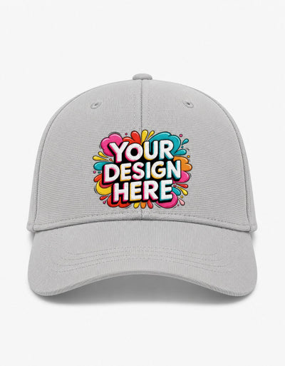 A light gray baseball cap with a colorful 'YOUR DESIGN HERE' mockup graphic on the front, set against a clean white background.