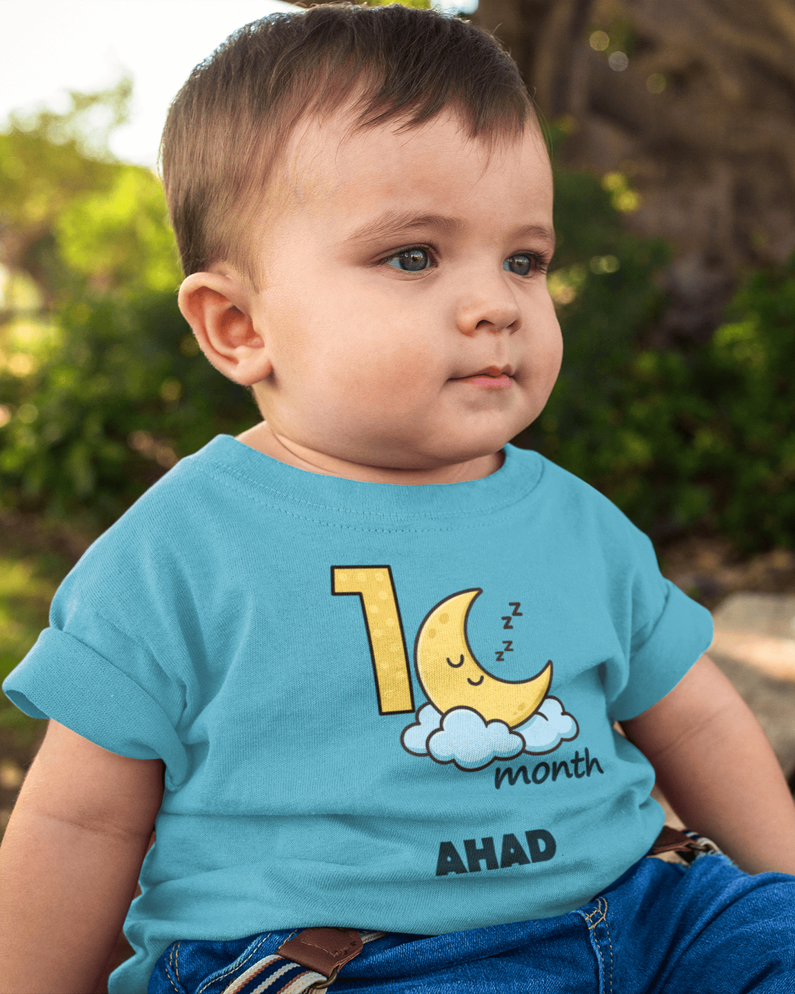 Custom Name One Month Moon Half Sleeves T-Shirt for Boys -FunkyTeesClub