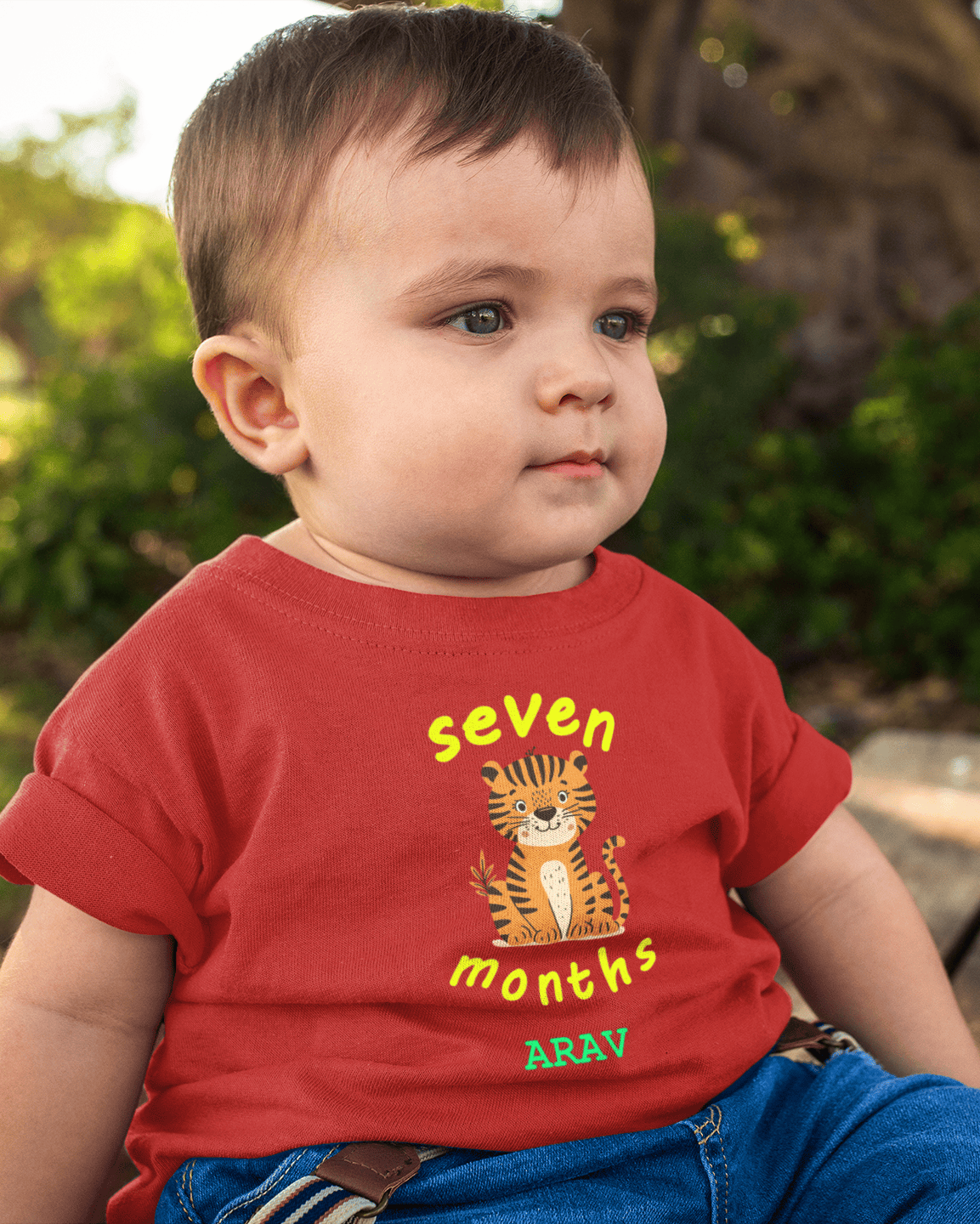 Custom Name Seven Months Birthday Half Sleeves T-Shirt for Boys -FunkyTeesClub