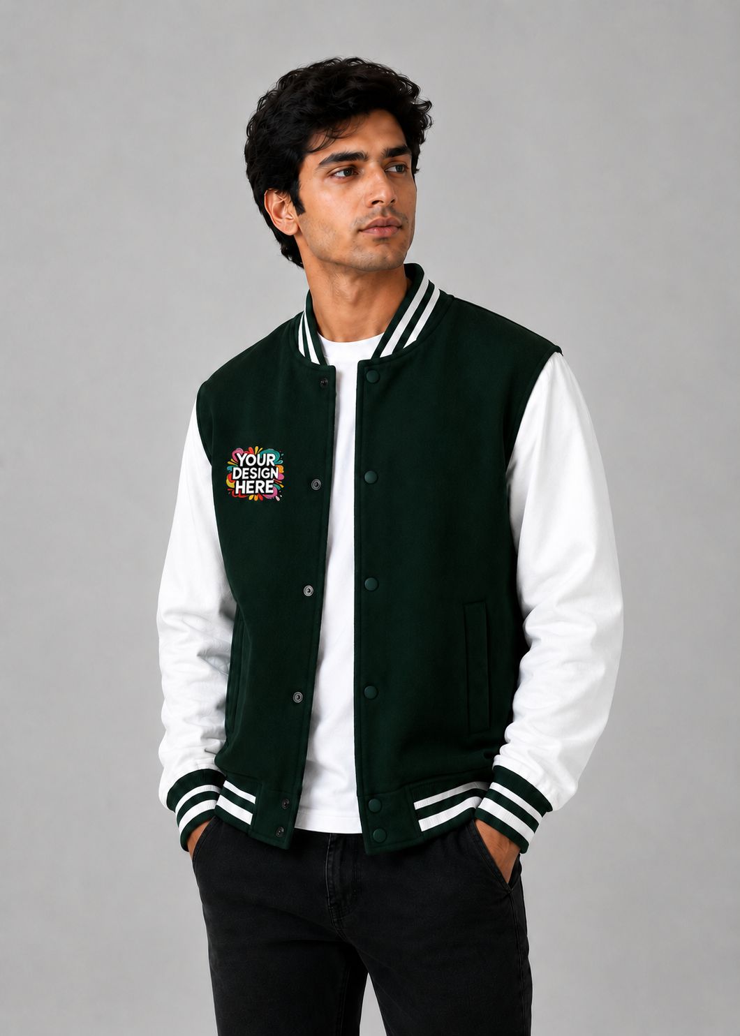 A man wearing a dark green and white varsity jacket with a colorful 'YOUR DESIGN HERE' mockup patch on the left chest, posed against a solid gray studio background.