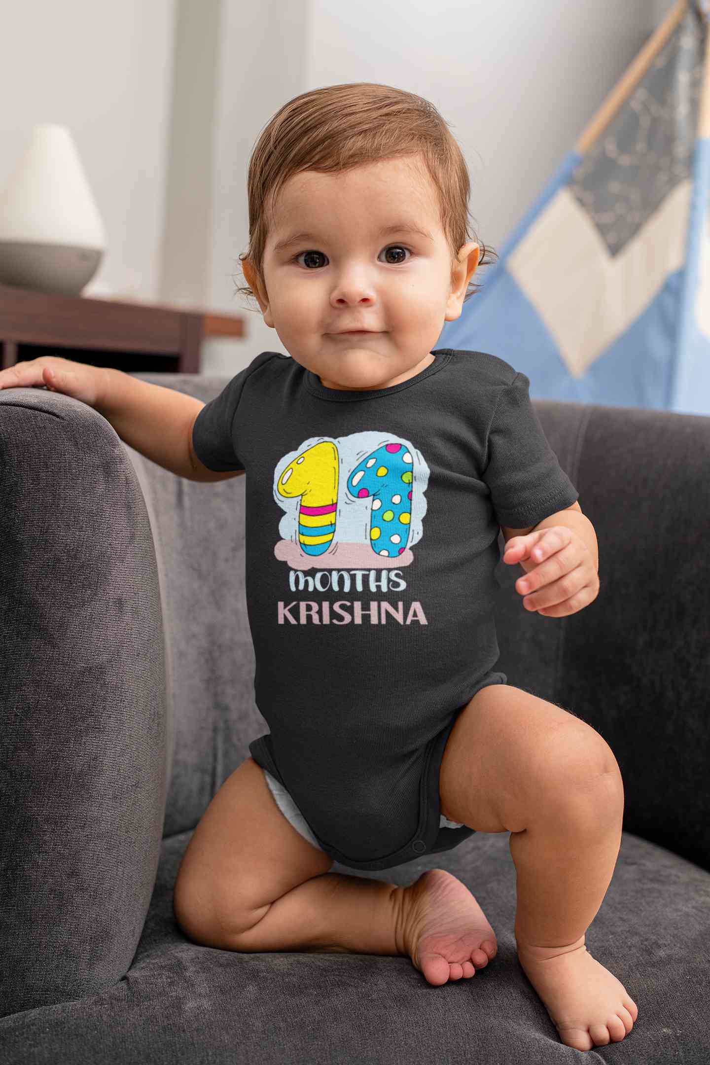 Custom Name 11 Month Birthday Teddy Design Rompers for Baby Boy- FunkyTeesClub