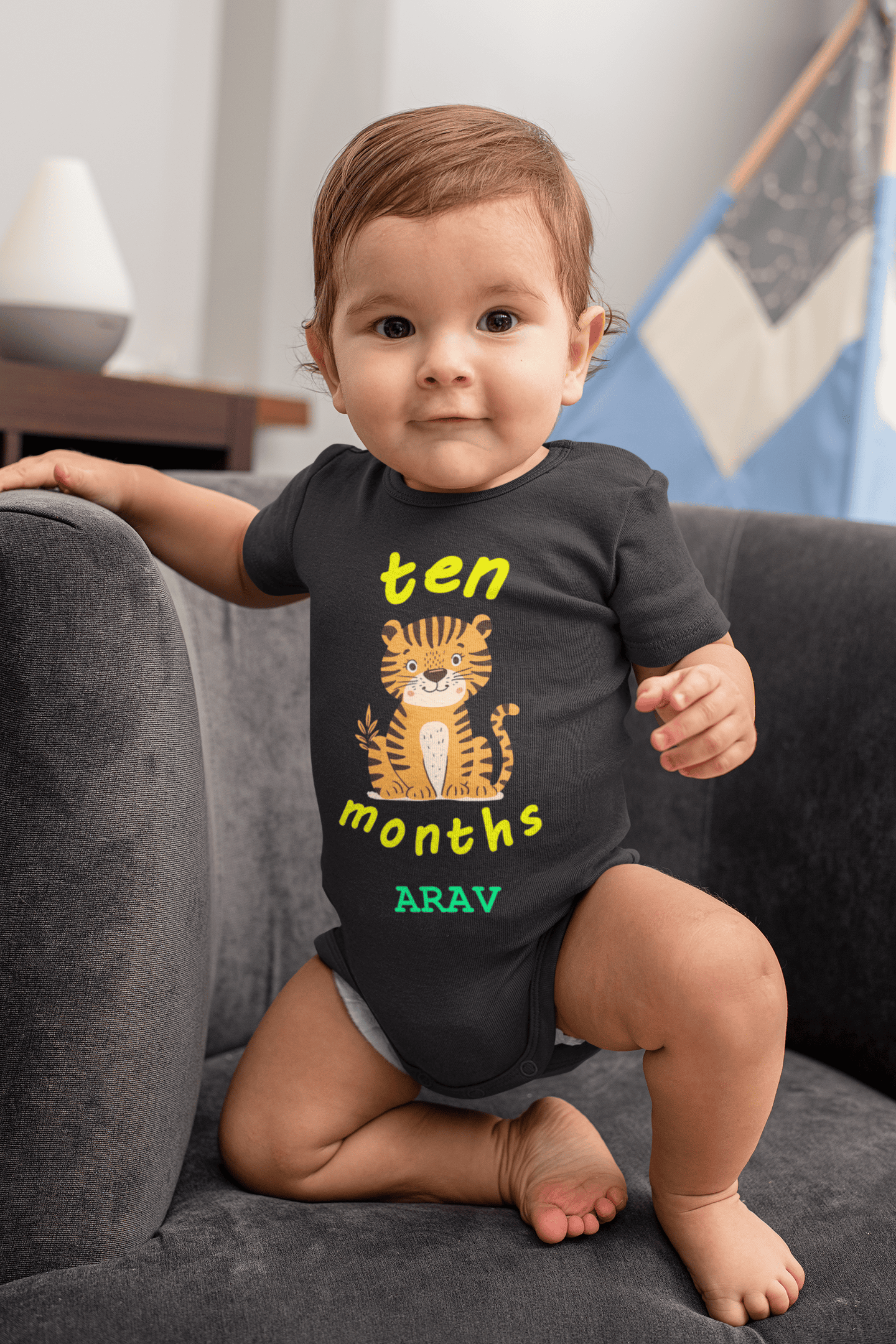 Custom Name Ten Month Rompers for Baby Boy- FunkyTeesClub