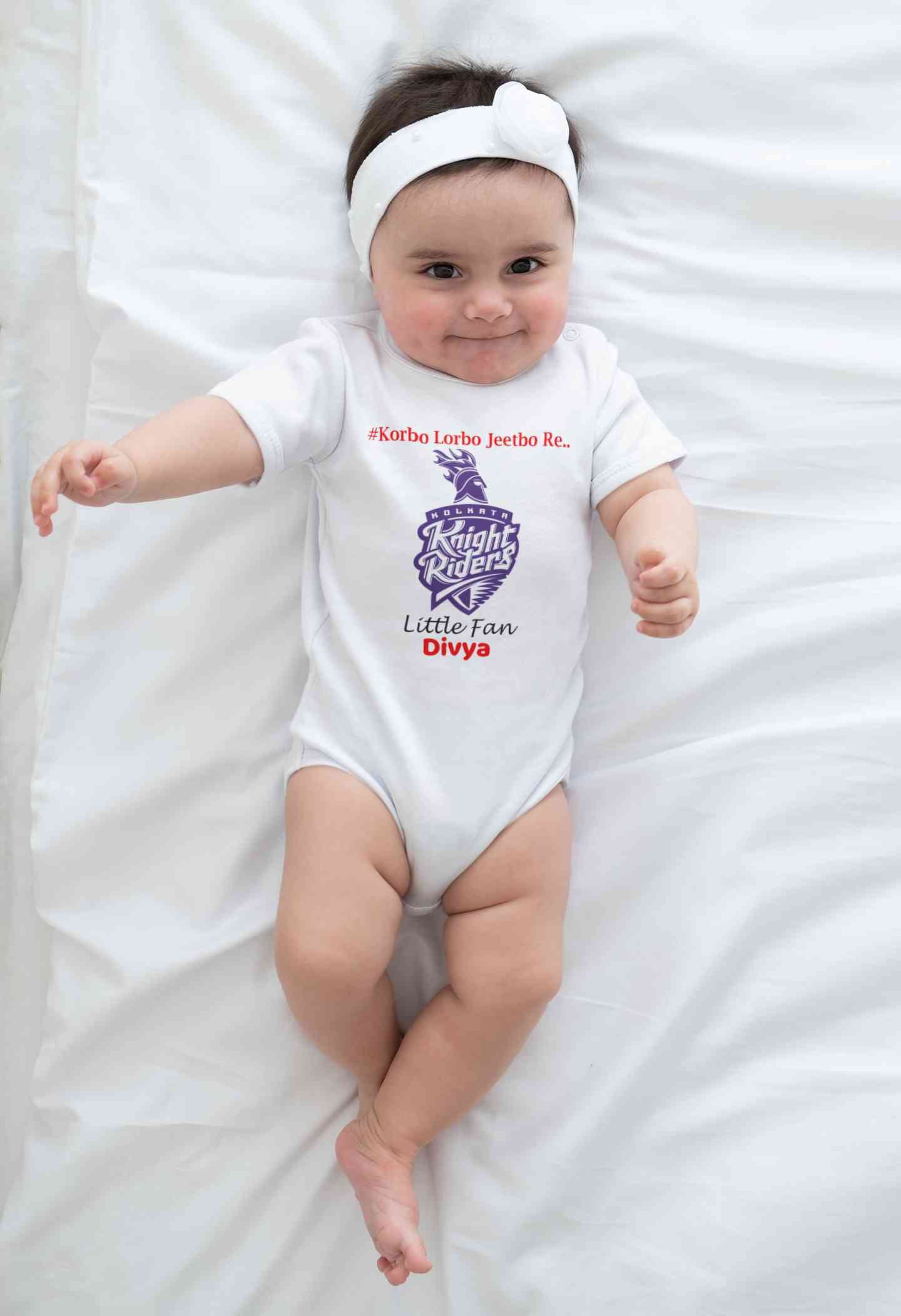 Custom Name IPL KKR Kolkata Knight Riders Korbo Lorbo Jeetbo Re Rompers for Baby Girl- FunkyTeesClub
