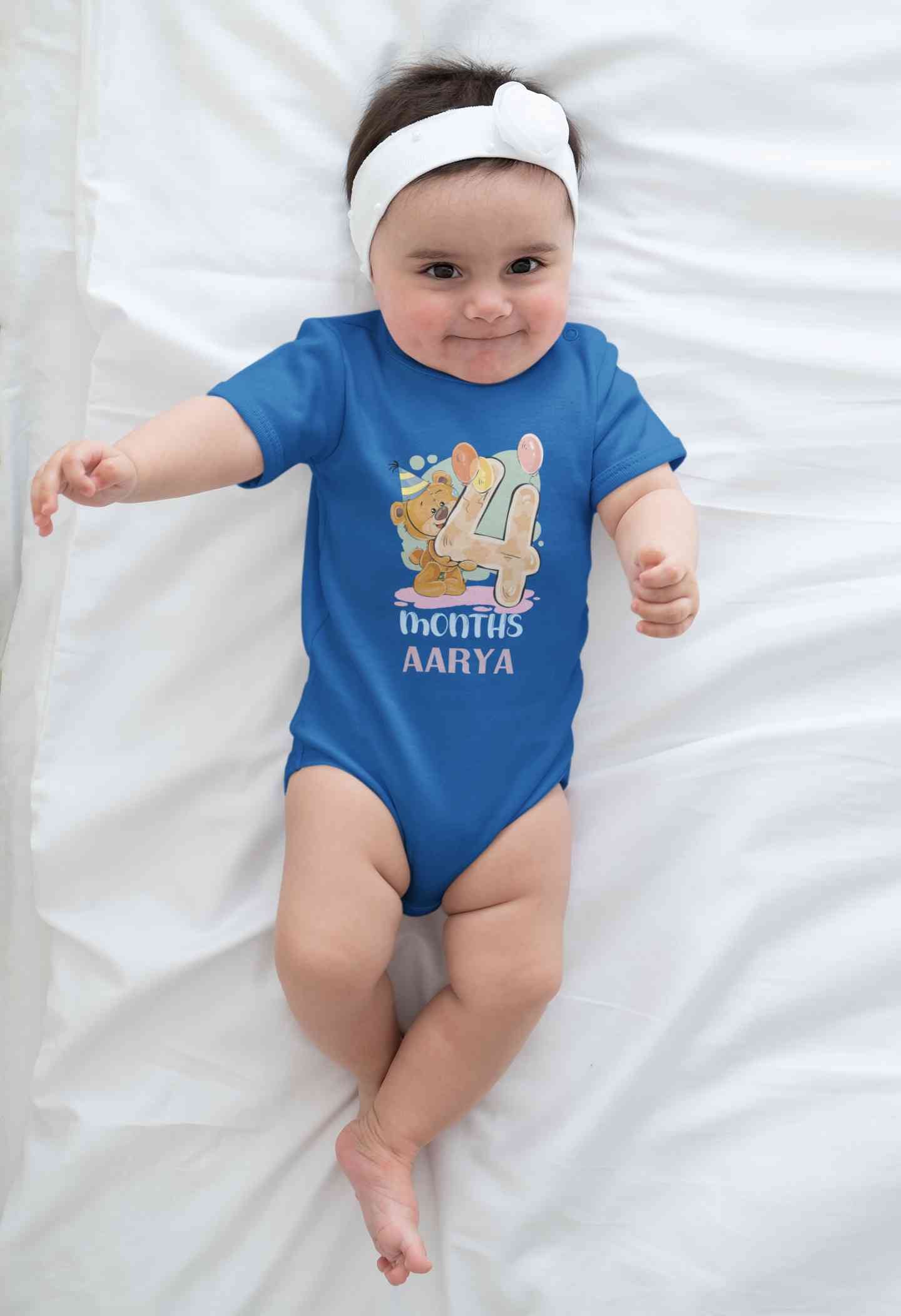 Custom Name 4 Month Birthday Teddy Design Rompers for Baby Girl- FunkyTeesClub