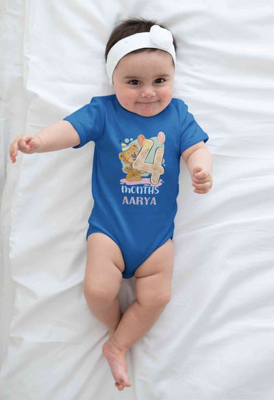Custom Name 4 Month Birthday Teddy Design Rompers for Baby Girl- FunkyTeesClub