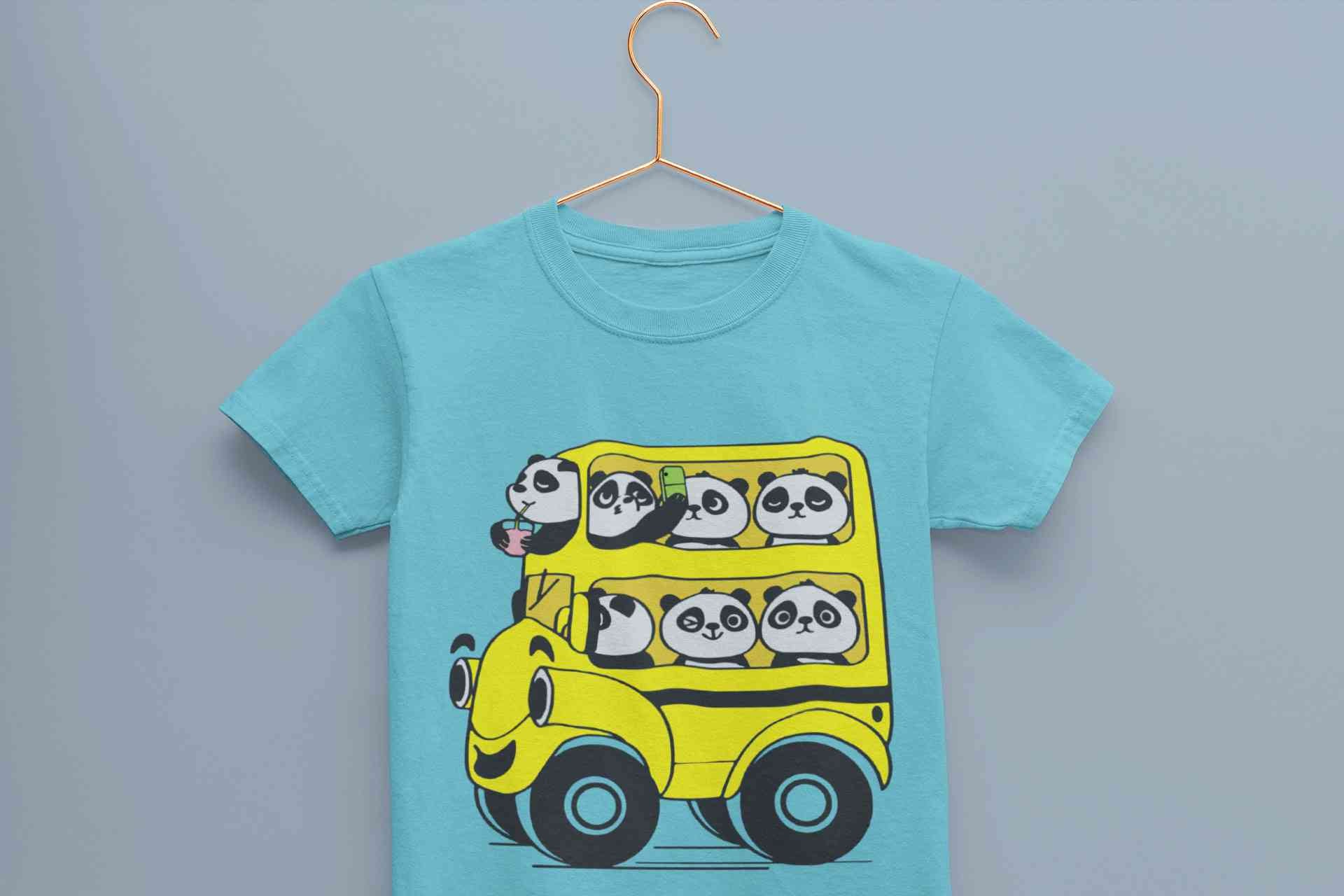 Panda Yellow Bus Cartoon Half Sleeves T-Shirt for Boy-FunkyTeesClub