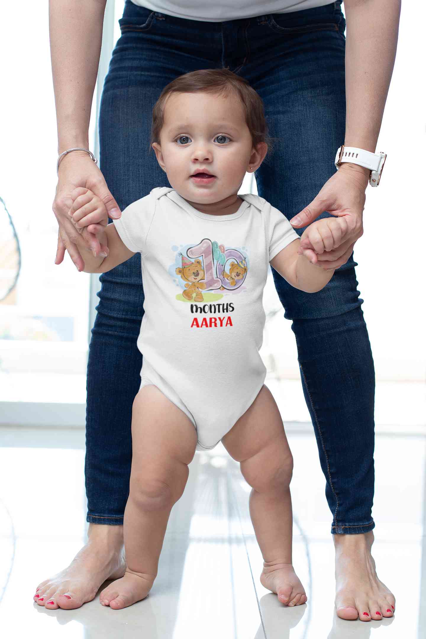 Custom Name 10 Month Birthday Teddy Design Rompers for Baby Girl- FunkyTeesClub