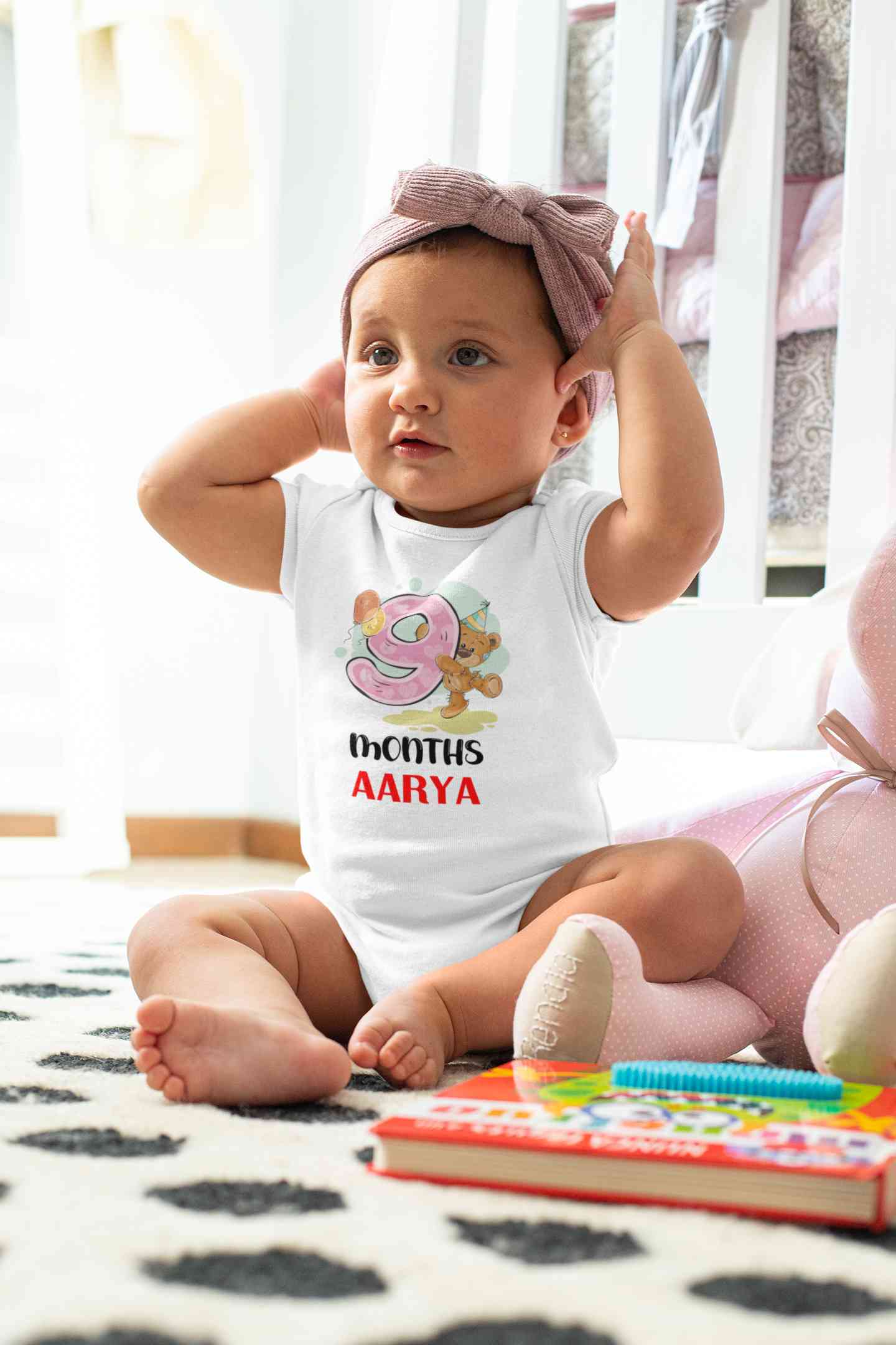 Custom Name 9 Month Birthday Teddy Design Rompers for Baby Girl- FunkyTeesClub