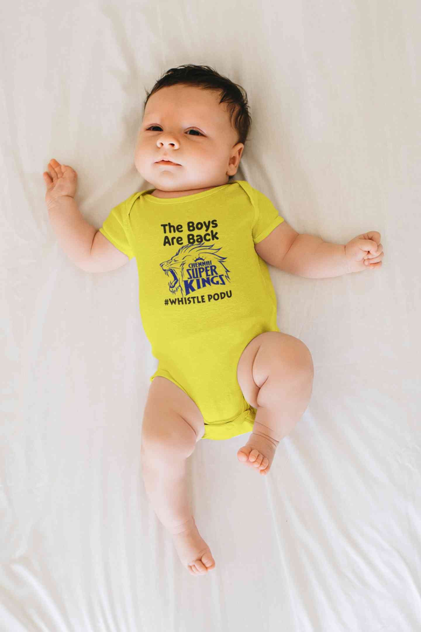 The Boys Are Back Whistle Podu IPL CSK Chennai Super Kings Rompers for Baby Boy- FunkyTeesClub