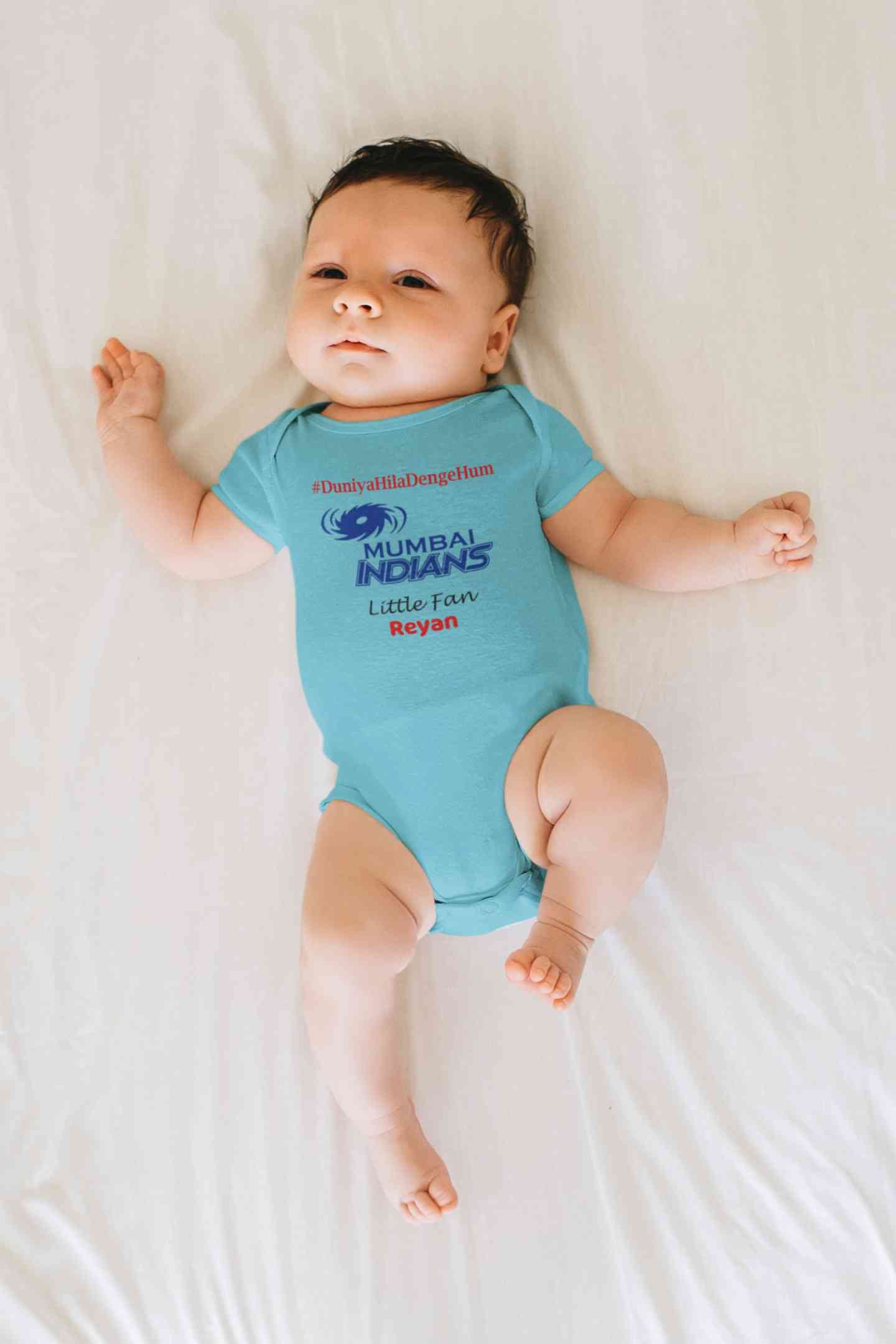 Custom Name IPL MI Mumbai Indians Duniya Hila Denge Hum Rompers for Baby Boy- FunkyTeesClub