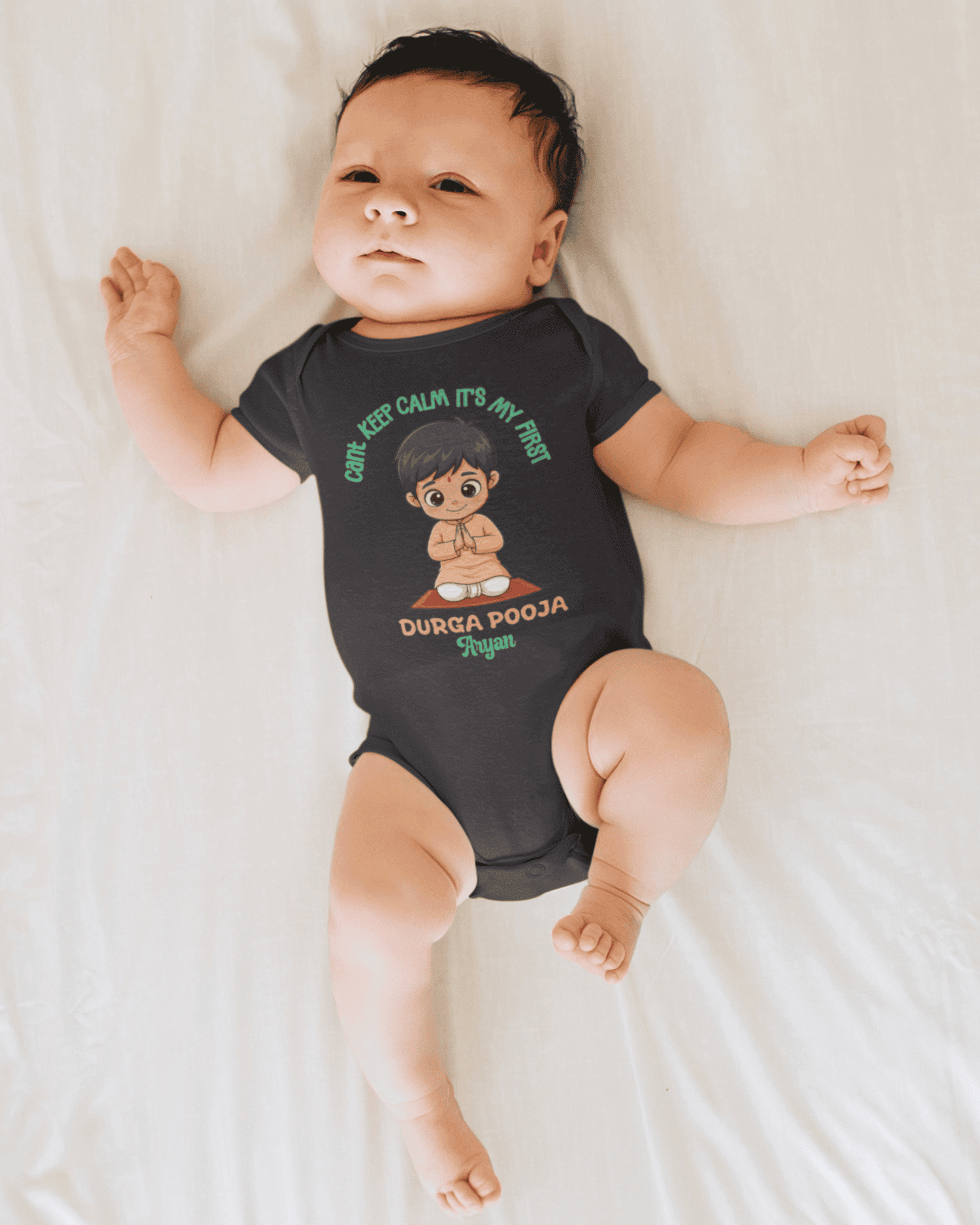 Custom Name Can't Keep Calm It's My First Durga Pooja Navratri Rompers for Baby Boy- FunkyTeesClub