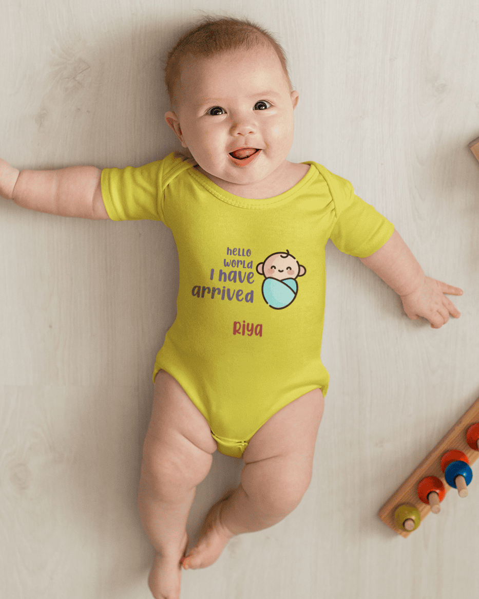 Custom Name Hello World I Have Arrived New Born Rompers for Baby Girl- FunkyTeesClub