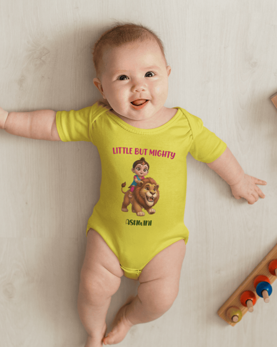 Custom Name Little But Mighty Durga Pooja Rompers for Baby Girl- FunkyTeesClub