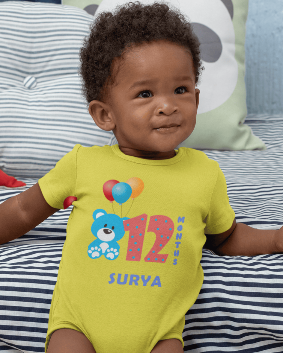 Custom Name Twelve Month Rompers for Baby Boy- FunkyTeesClub